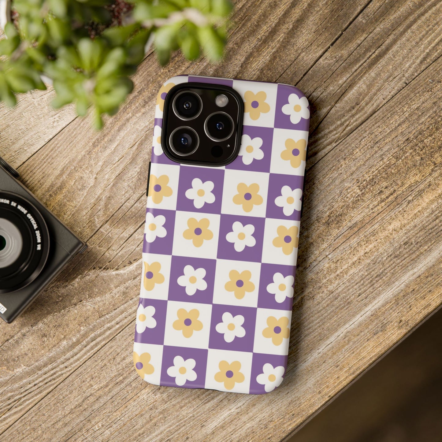 Gold and White Flower or Purple and White Checker iPhone Case | Trendy Aesthetic Floral & Retro Phone Cover