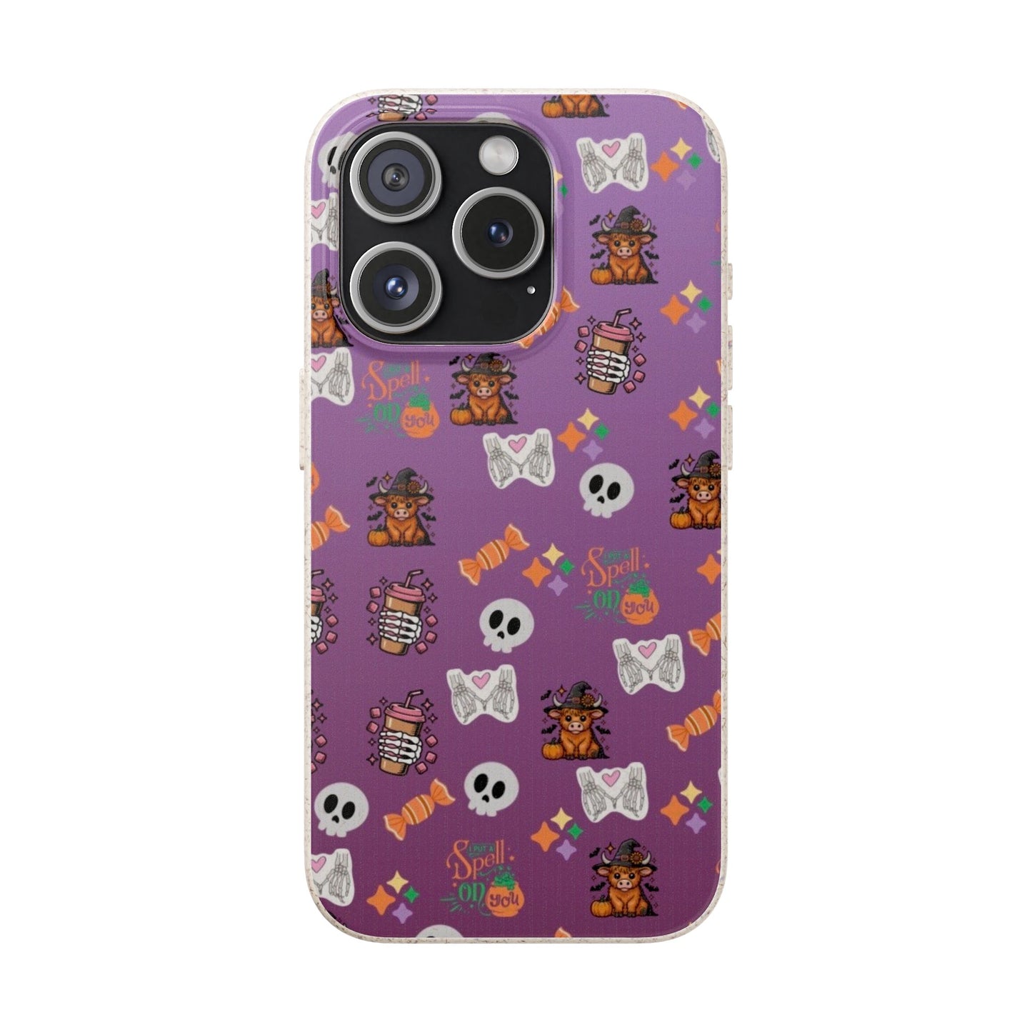 Spell On You Halloween Teddy Bear iPhone Case | Cute Witch Bear, Candy and Skull Pattern | Purple Aesthetic Protective Phone Cover