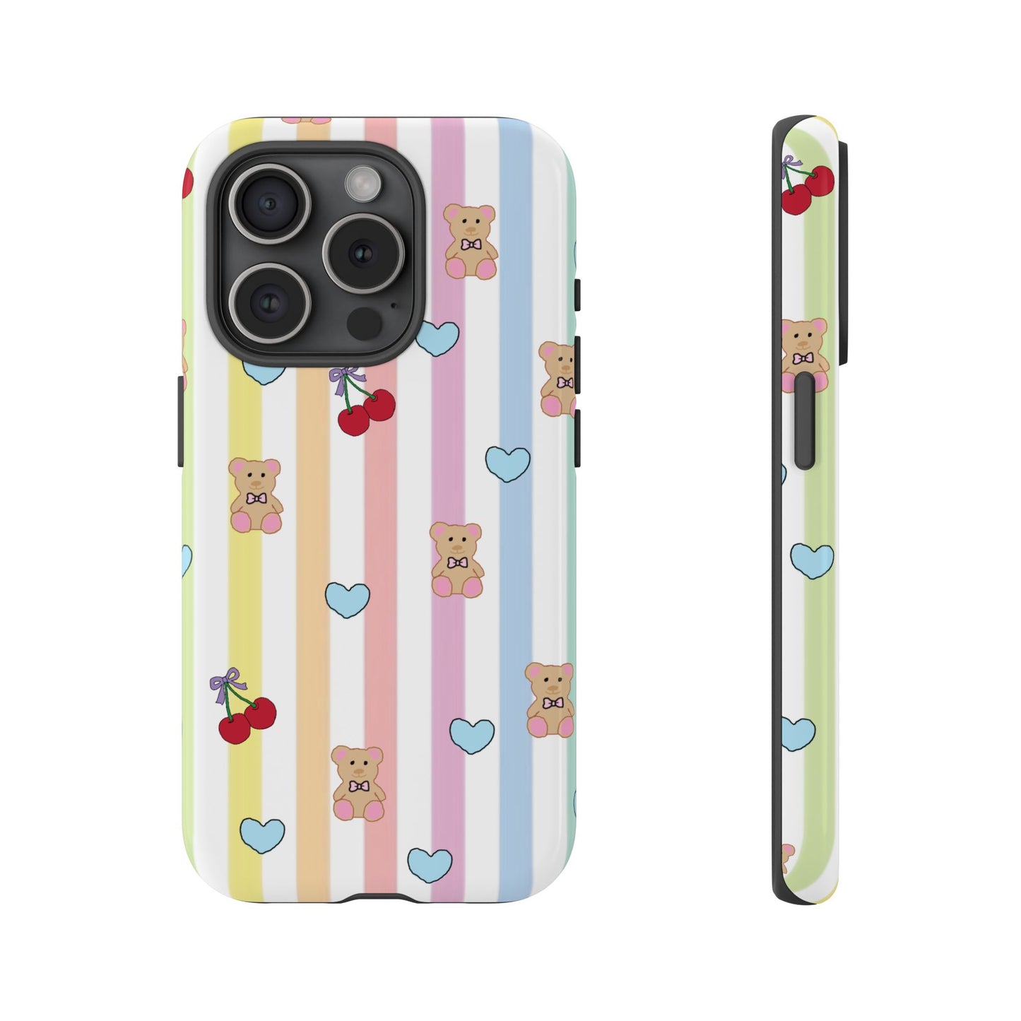 Teddy Bear and Cherry Bow iPhone Case | Pastel Stripes, Blue Hearts, Glossy Tough Protective Cover for iPhone 14 through iPhone 17 Pro Max
