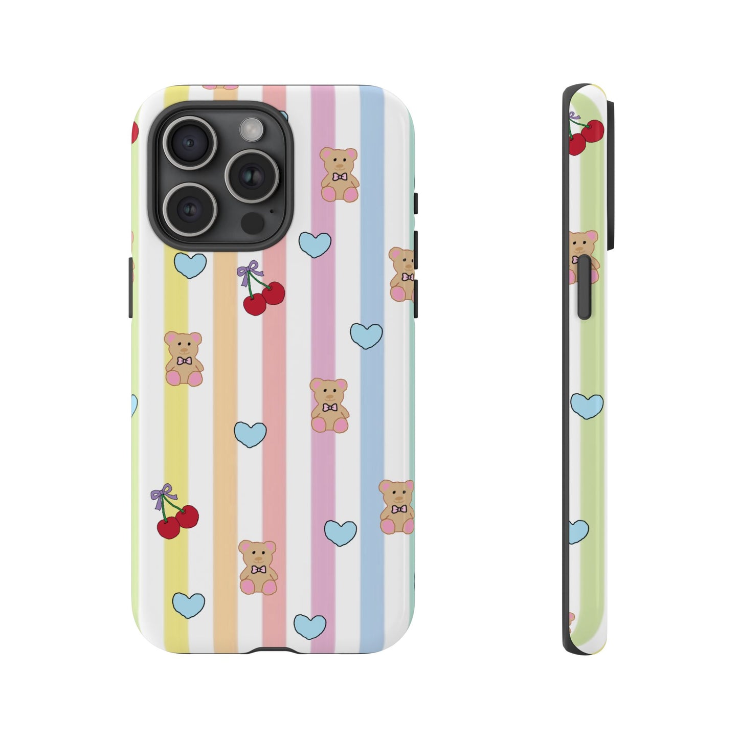 Teddy Bear and Cherry Bow iPhone Case | Pastel Stripes, Blue Hearts, Glossy Tough Protective Cover for iPhone 14 through iPhone 17 Pro Max