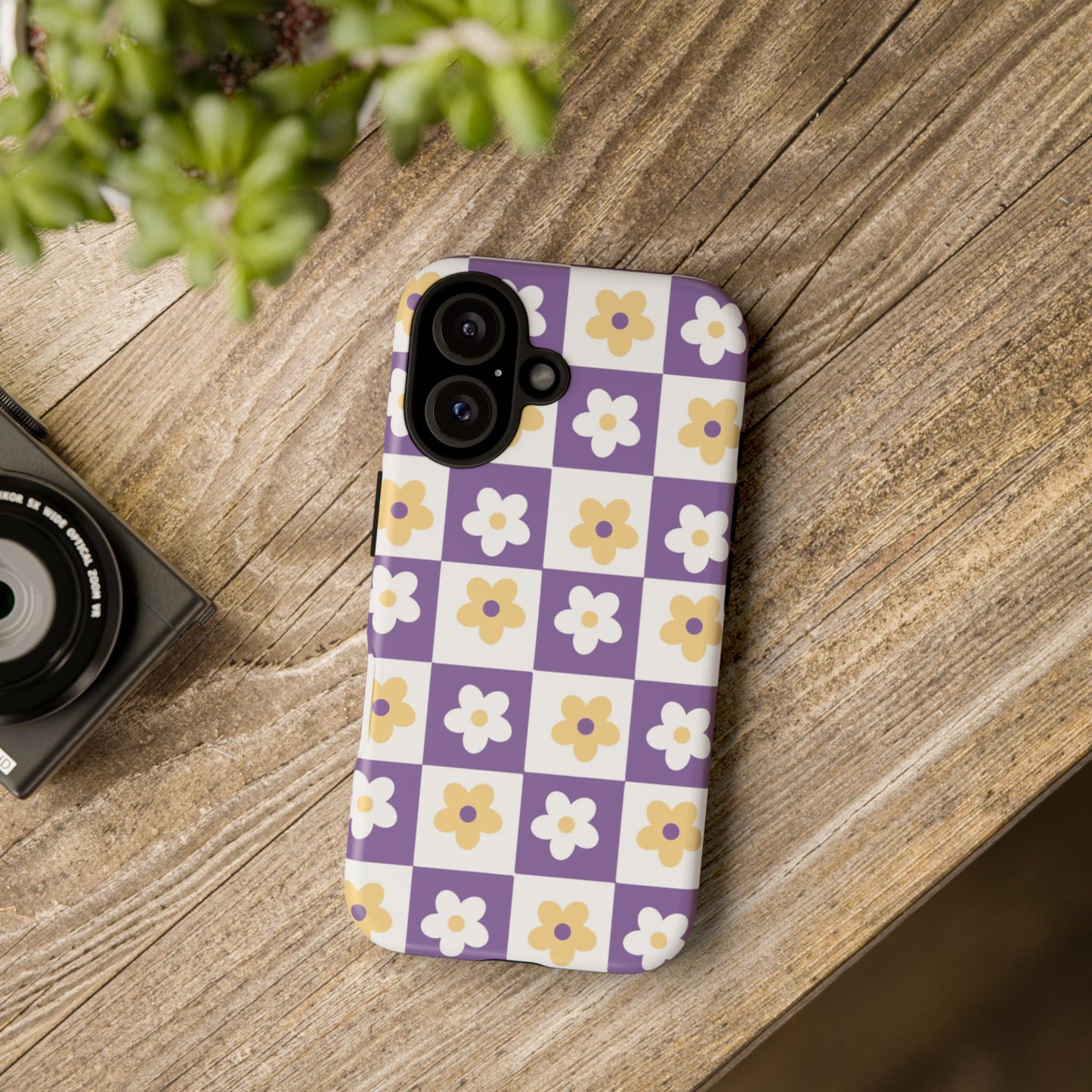Gold and White Flower or Purple and White Checker iPhone Case | Trendy Aesthetic Floral & Retro Phone Cover