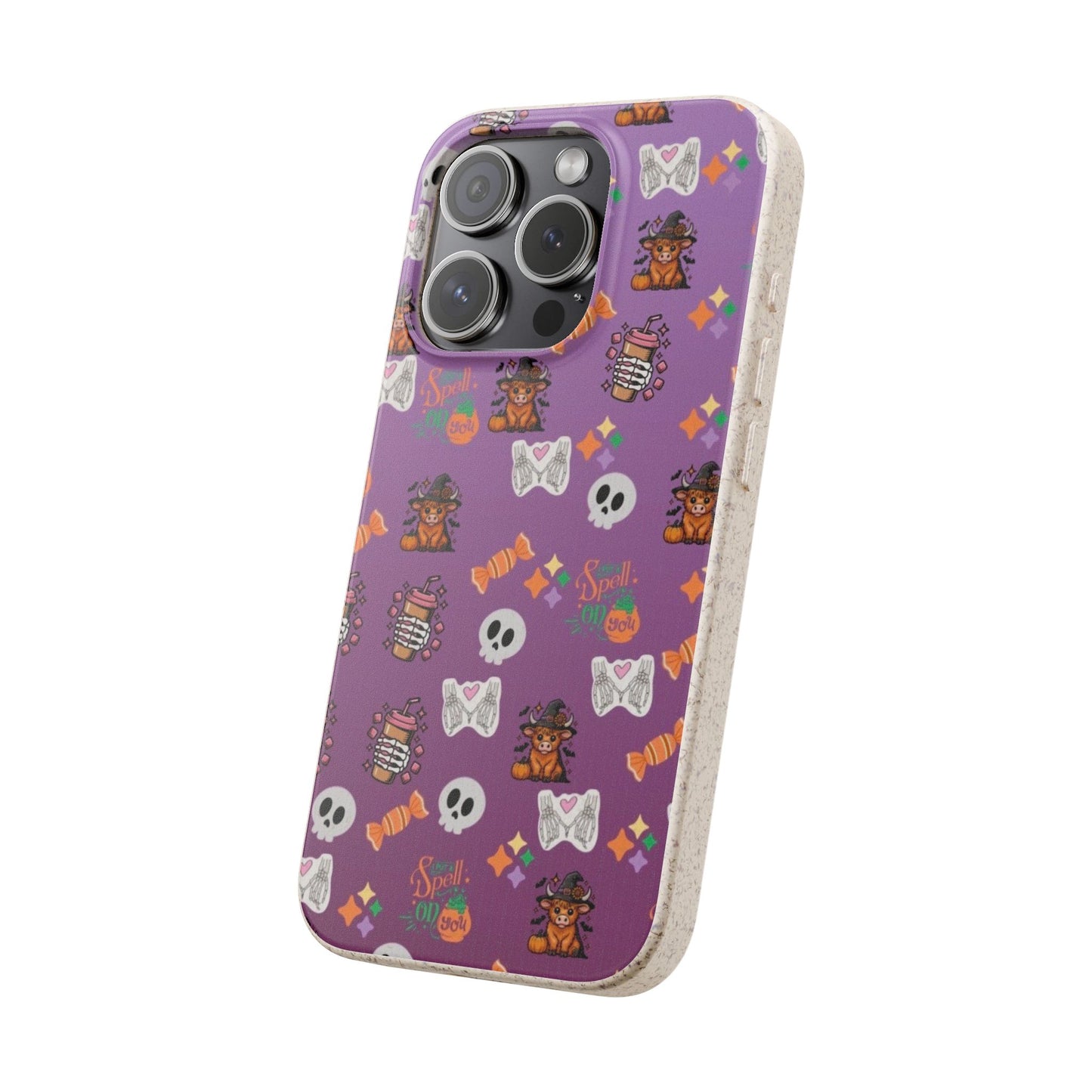 Spell On You Halloween Teddy Bear iPhone Case | Cute Witch Bear, Candy and Skull Pattern | Purple Aesthetic Protective Phone Cover