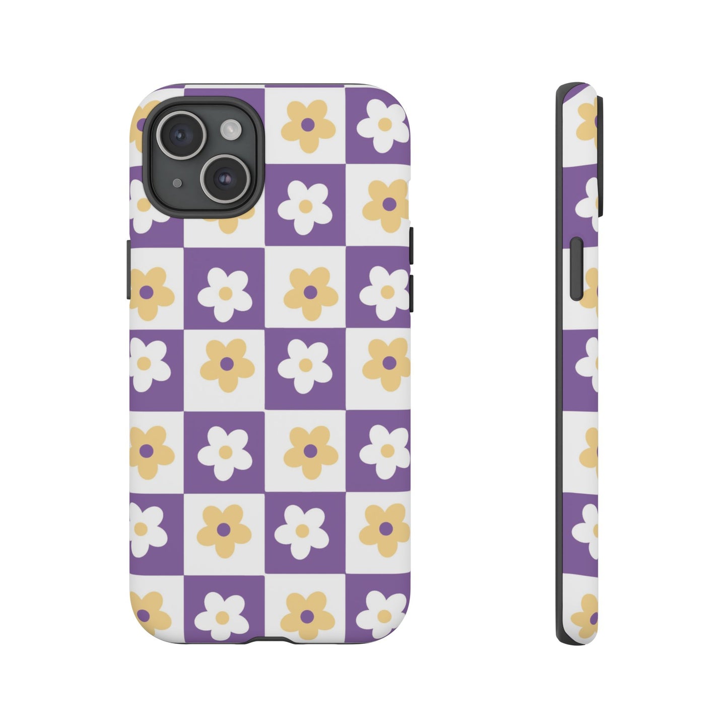 Gold and White Flower or Purple and White Checker iPhone Case | Trendy Aesthetic Floral & Retro Phone Cover