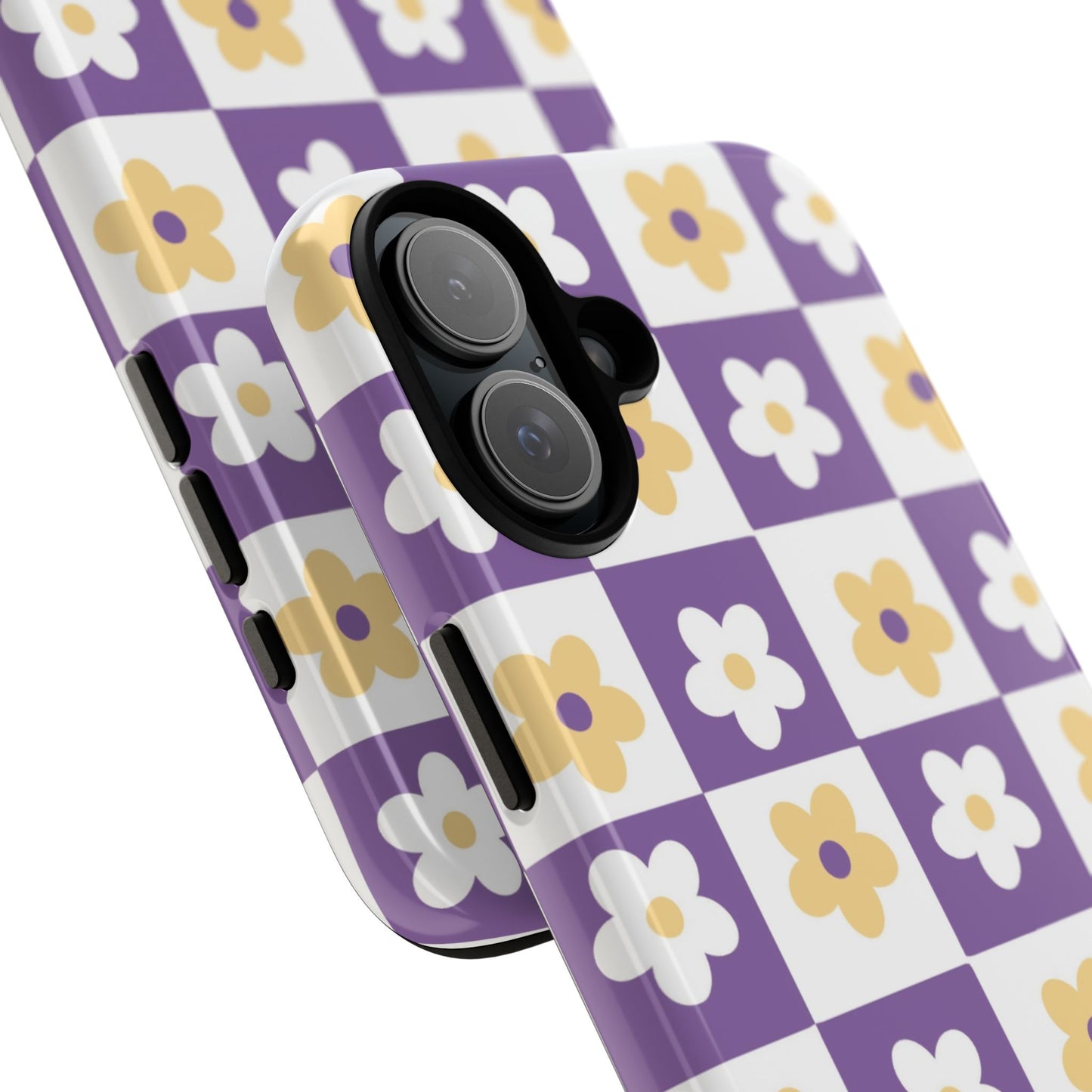 Gold and White Flower or Purple and White Checker iPhone Case | Trendy Aesthetic Floral & Retro Phone Cover