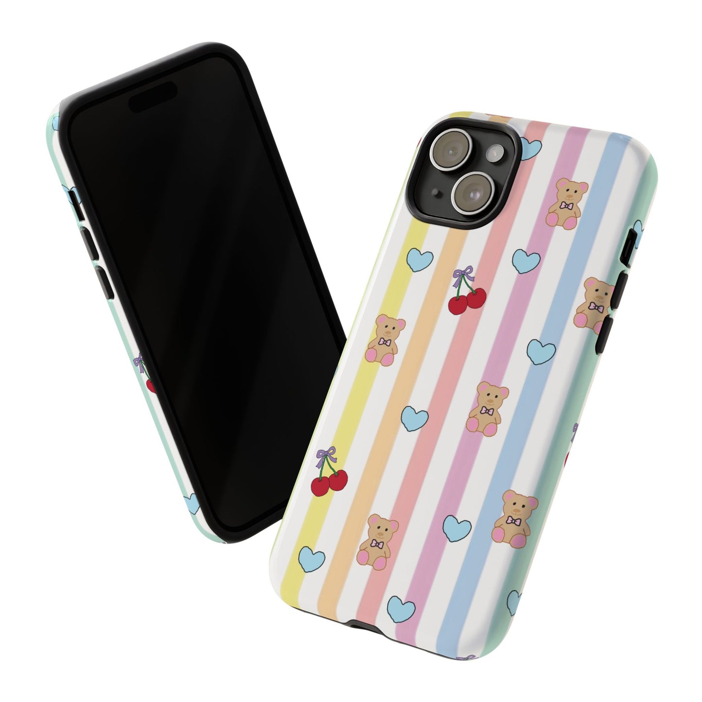 Teddy Bear and Cherry Bow iPhone Case | Pastel Stripes, Blue Hearts, Glossy Tough Protective Cover for iPhone 14 through iPhone 17 Pro Max
