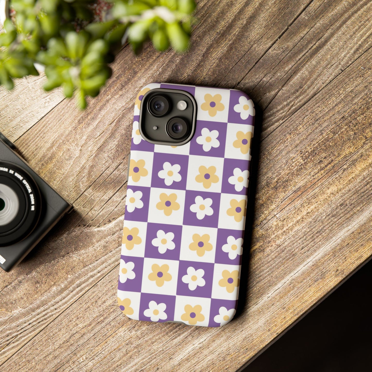 Gold and White Flower or Purple and White Checker iPhone Case | Trendy Aesthetic Floral & Retro Phone Cover