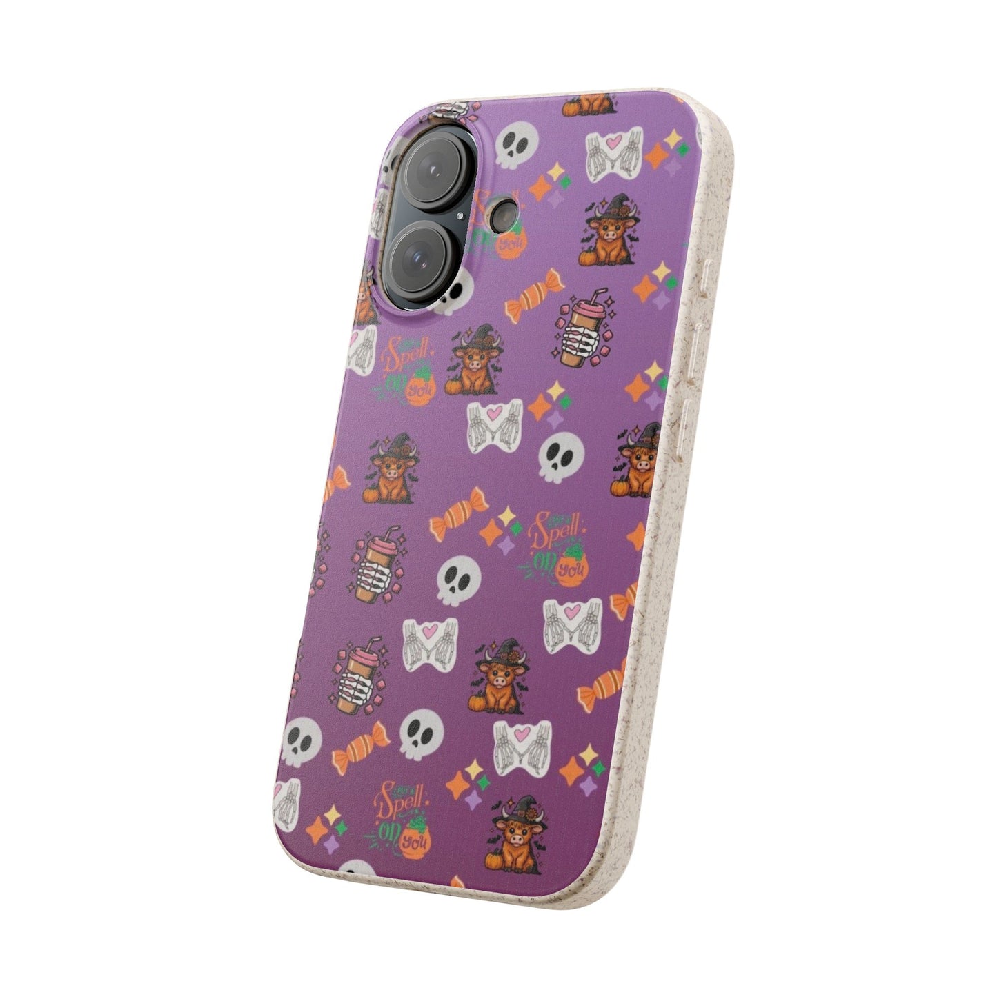 Spell On You Halloween Teddy Bear iPhone Case | Cute Witch Bear, Candy and Skull Pattern | Purple Aesthetic Protective Phone Cover