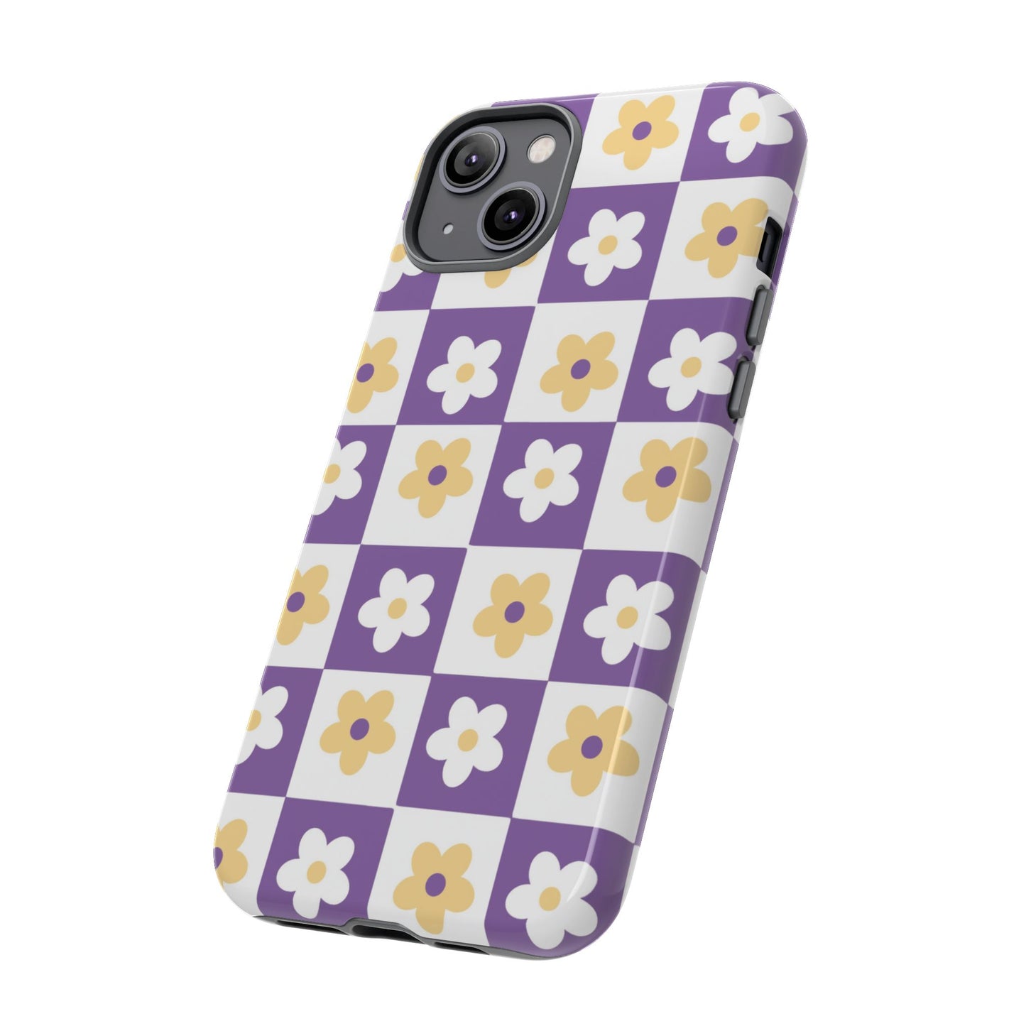 Gold and White Flower or Purple and White Checker iPhone Case | Trendy Aesthetic Floral & Retro Phone Cover