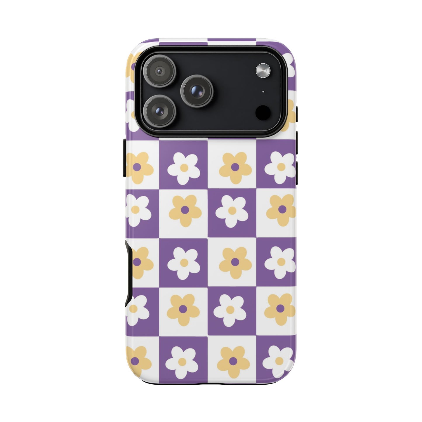 Gold and White Flower or Purple and White Checker iPhone Case | Trendy Aesthetic Floral & Retro Phone Cover
