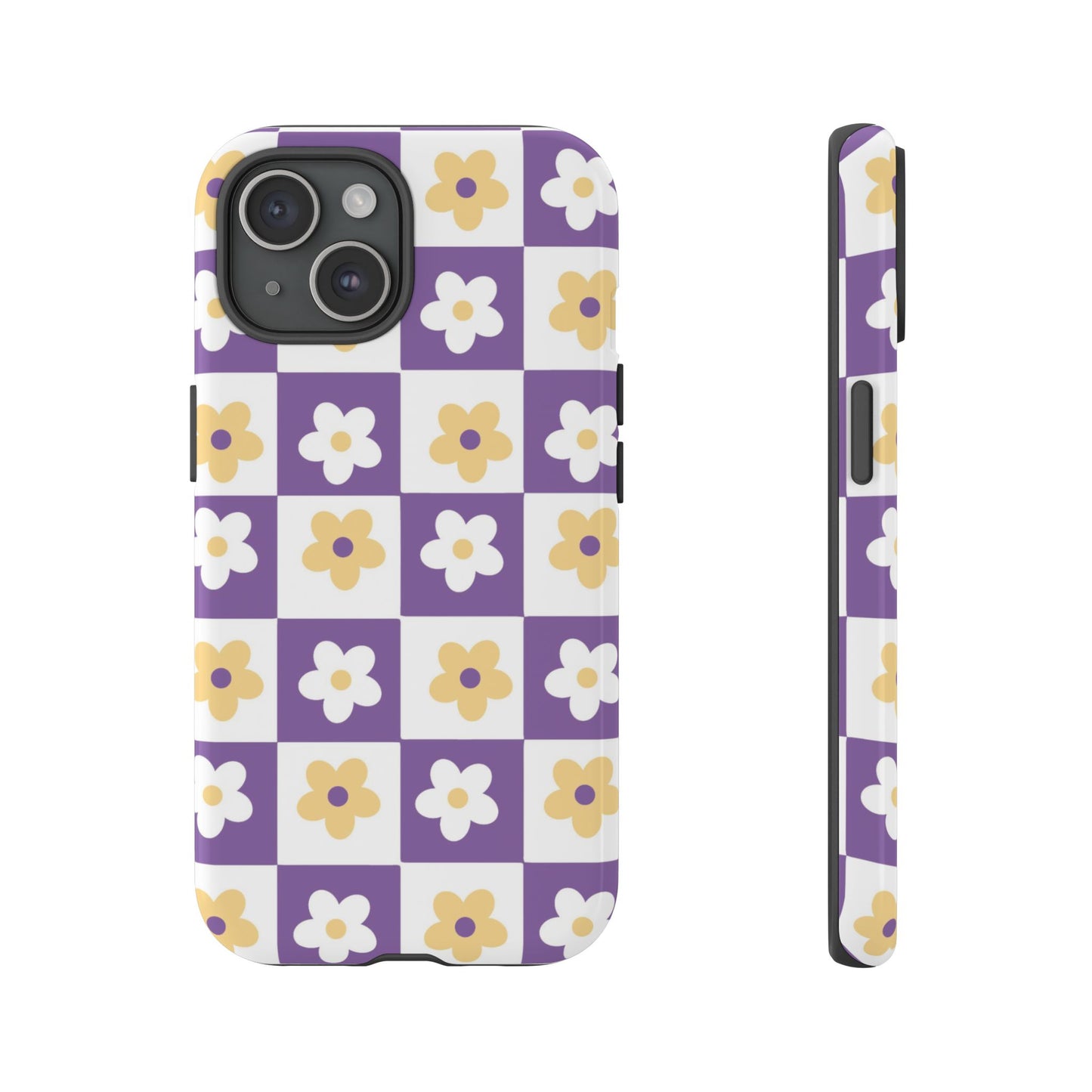 Gold and White Flower or Purple and White Checker iPhone Case | Trendy Aesthetic Floral & Retro Phone Cover