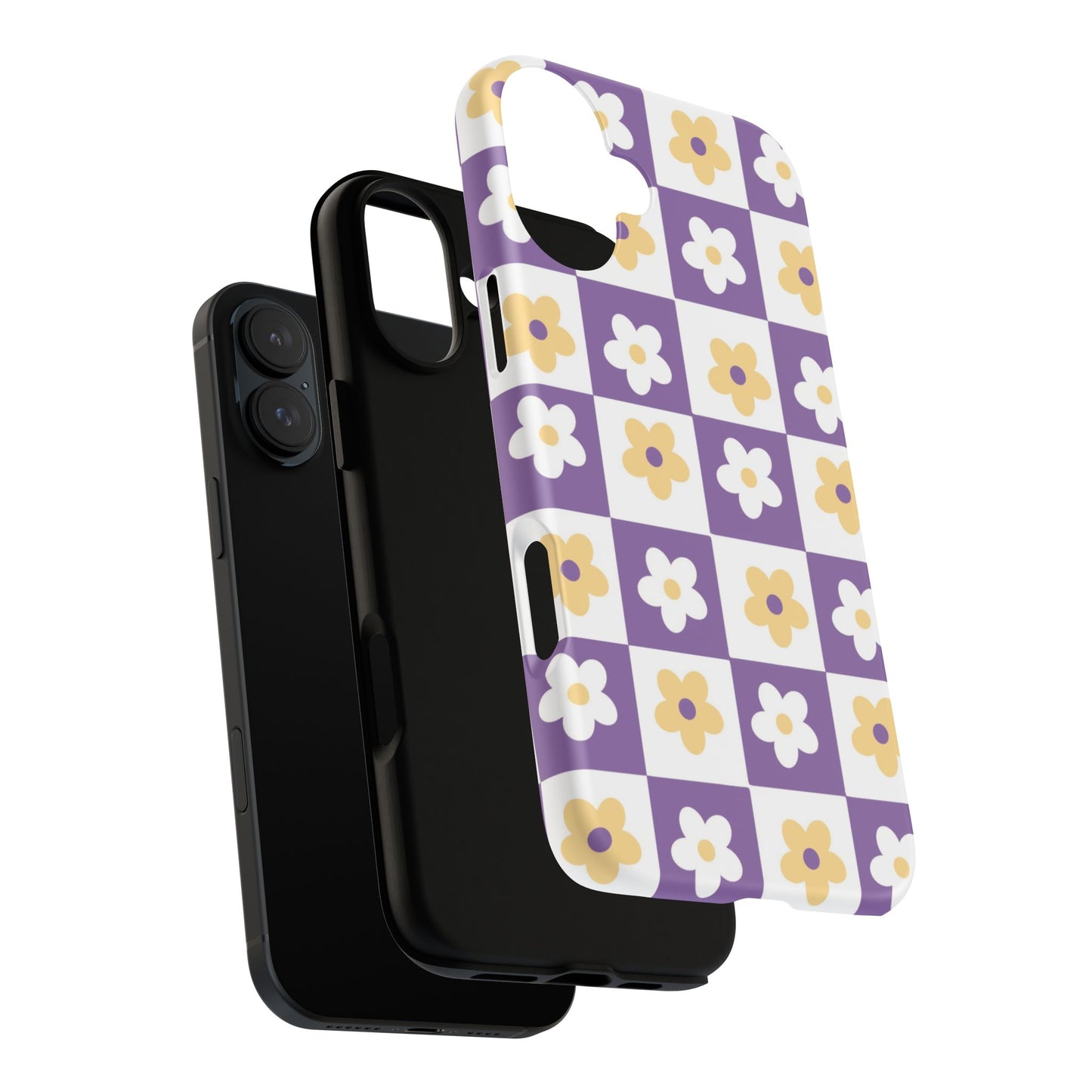 Gold and White Flower or Purple and White Checker iPhone Case | Trendy Aesthetic Floral & Retro Phone Cover