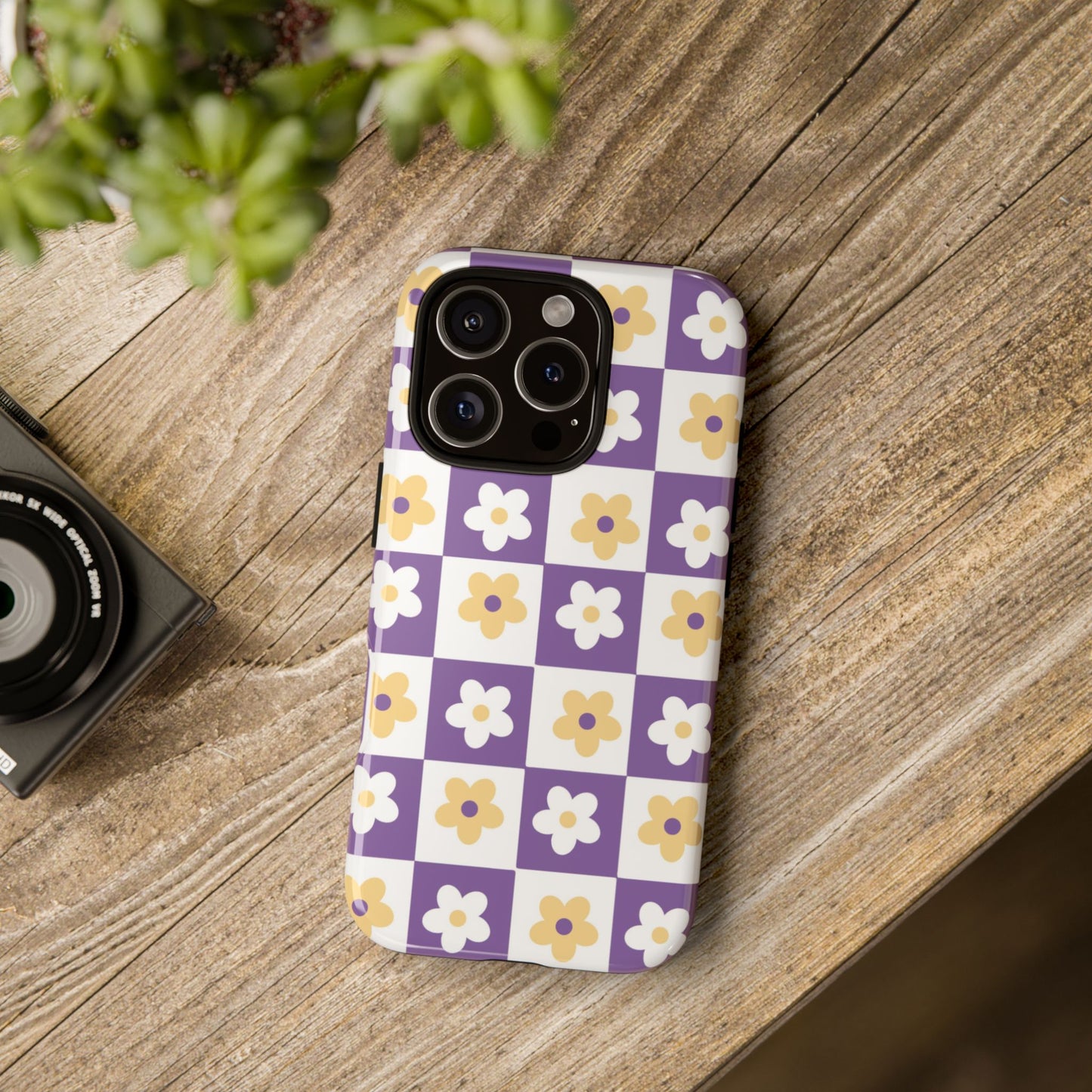 Gold and White Flower or Purple and White Checker iPhone Case | Trendy Aesthetic Floral & Retro Phone Cover