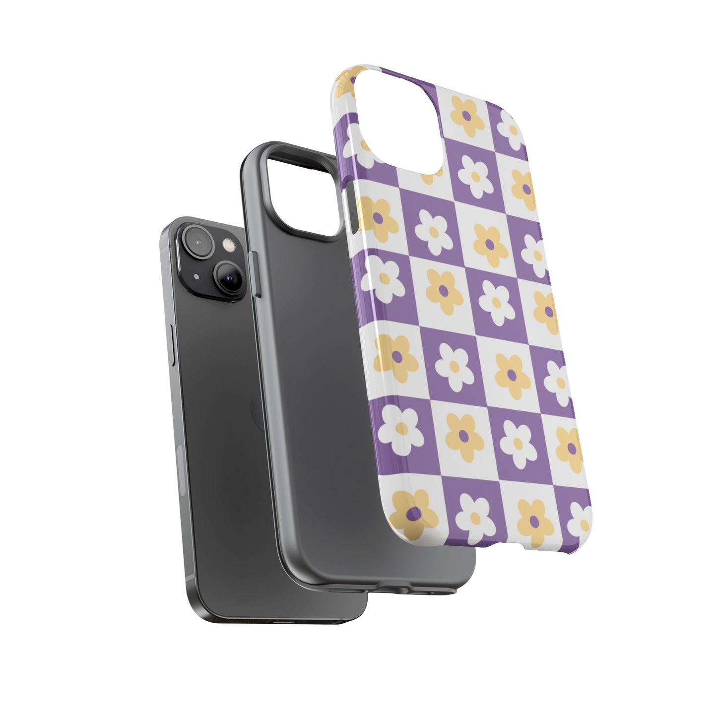 Gold and White Flower or Purple and White Checker iPhone Case | Trendy Aesthetic Floral & Retro Phone Cover