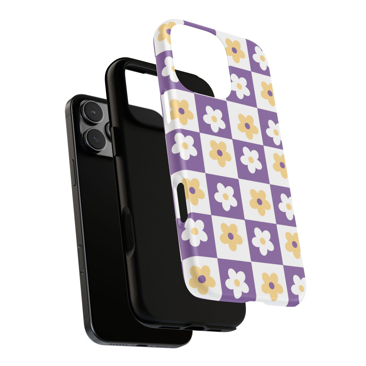 Gold and White Flower or Purple and White Checker iPhone Case | Trendy Aesthetic Floral & Retro Phone Cover
