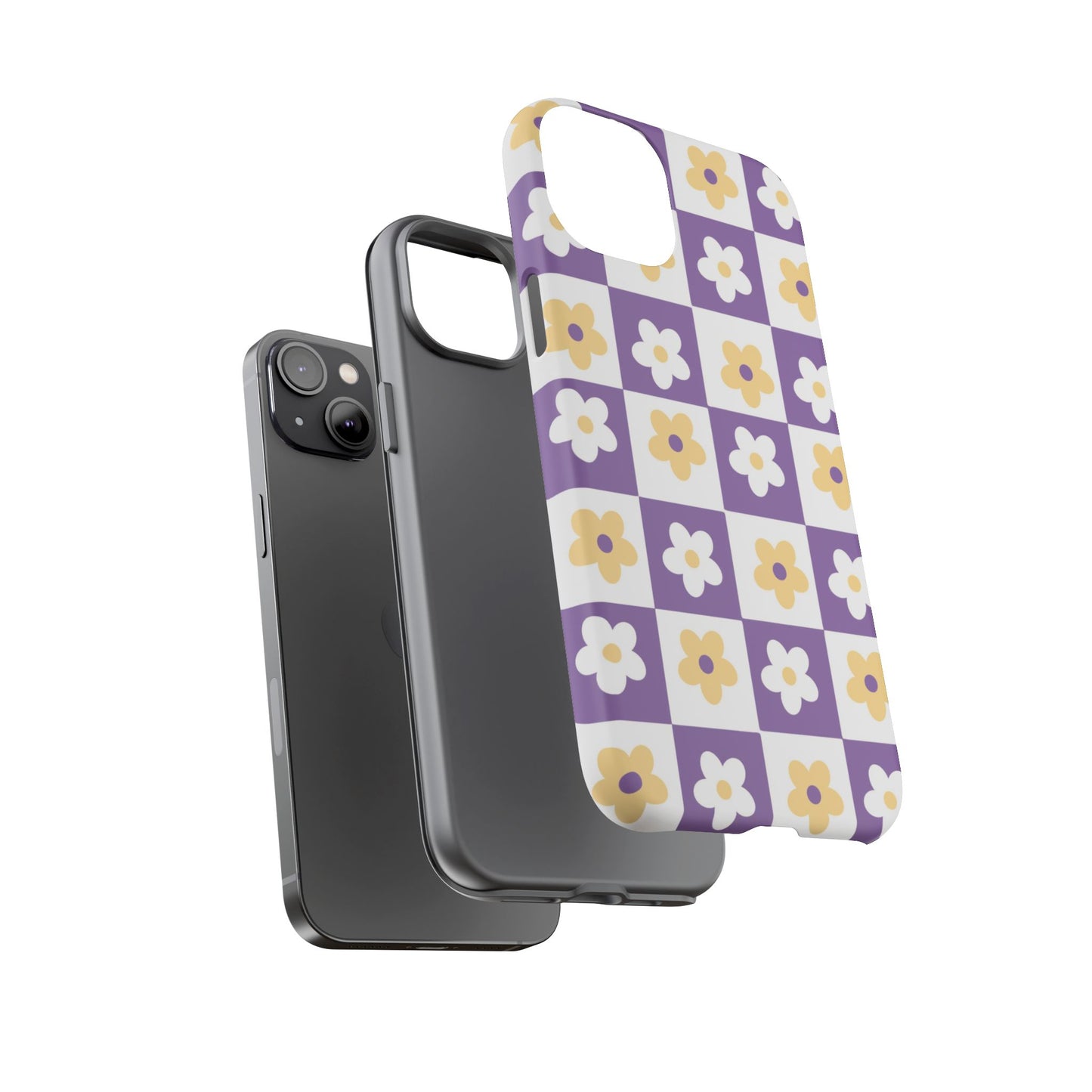 Gold and White Flower or Purple and White Checker iPhone Case | Trendy Aesthetic Floral & Retro Phone Cover