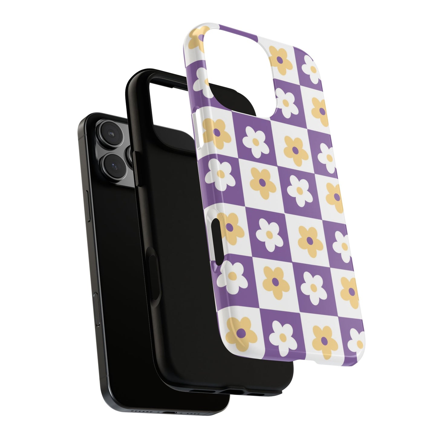 Gold and White Flower or Purple and White Checker iPhone Case | Trendy Aesthetic Floral & Retro Phone Cover