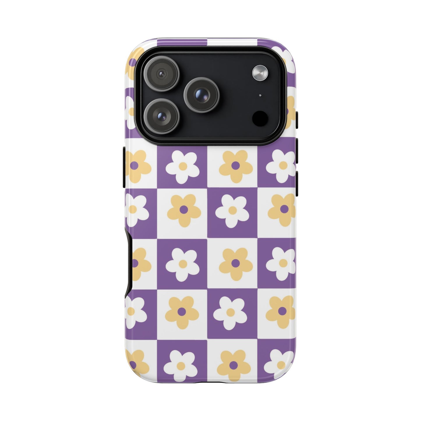 Gold and White Flower or Purple and White Checker iPhone Case | Trendy Aesthetic Floral & Retro Phone Cover