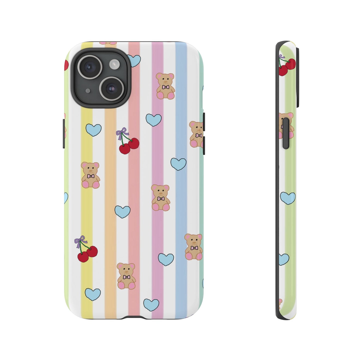 Teddy Bear and Cherry Bow iPhone Case | Pastel Stripes, Blue Hearts, Glossy Tough Protective Cover for iPhone 14 through iPhone 17 Pro Max
