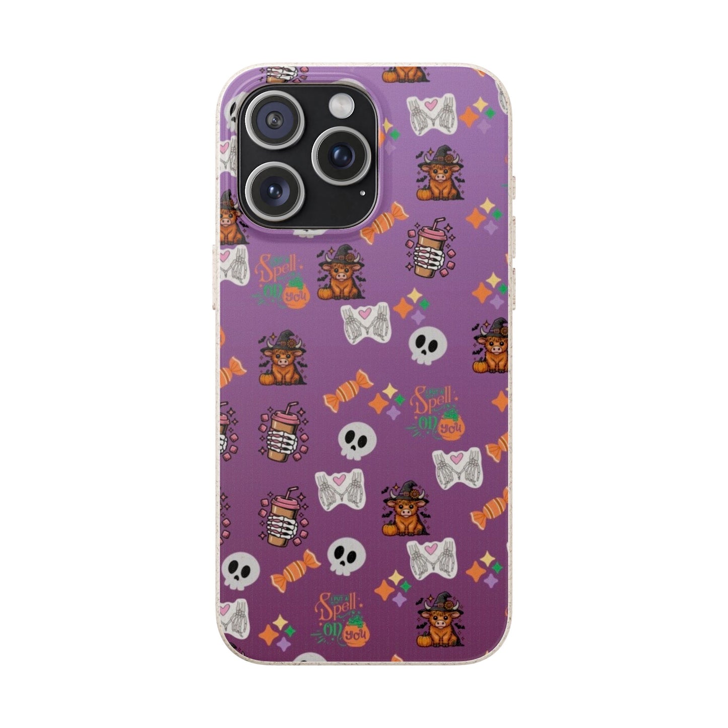Spell On You Halloween Teddy Bear iPhone Case | Cute Witch Bear, Candy and Skull Pattern | Purple Aesthetic Protective Phone Cover