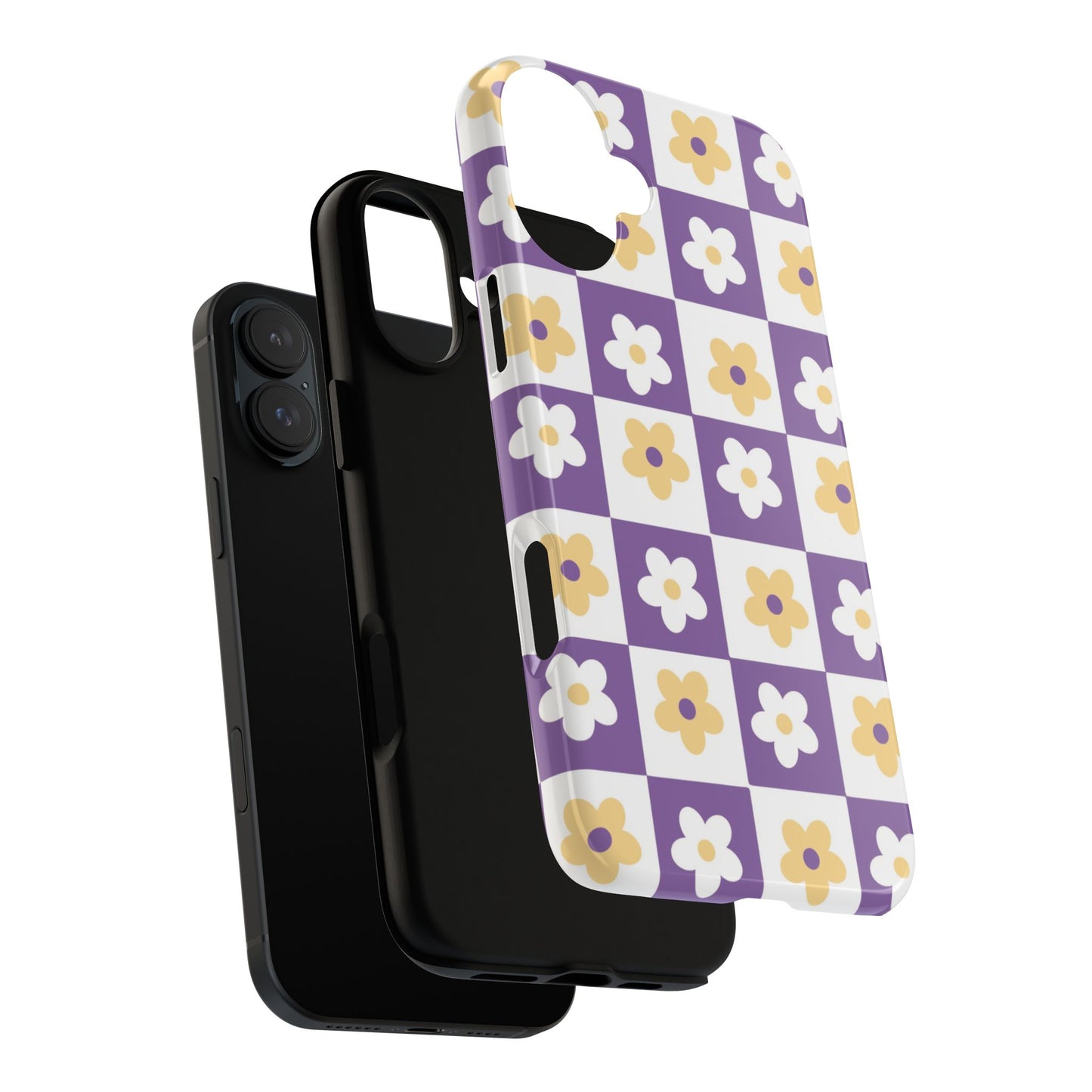 Gold and White Flower or Purple and White Checker iPhone Case | Trendy Aesthetic Floral & Retro Phone Cover