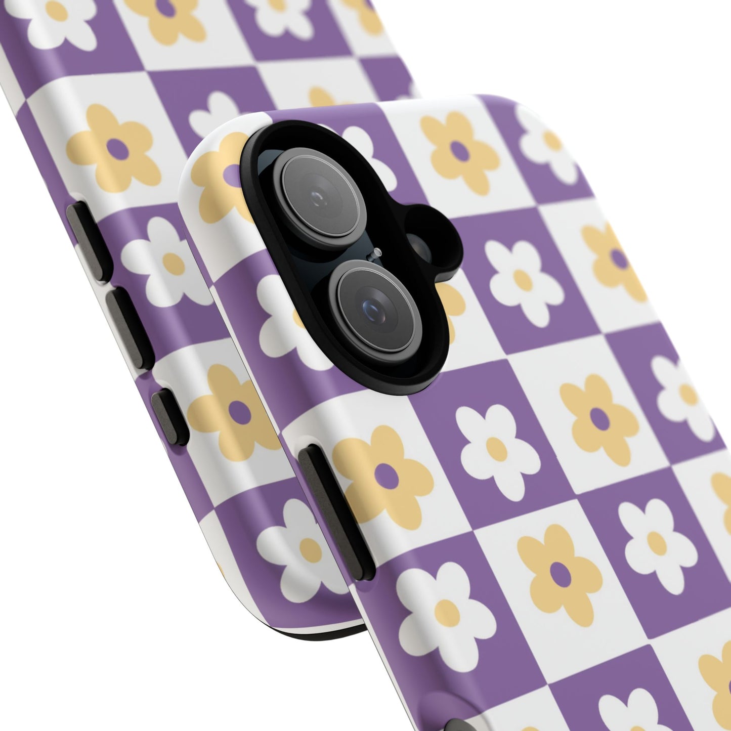 Gold and White Flower or Purple and White Checker iPhone Case | Trendy Aesthetic Floral & Retro Phone Cover