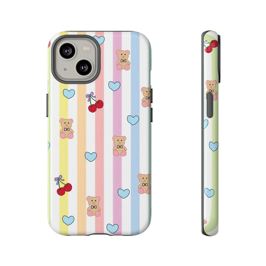 Teddy Bear and Cherry Bow iPhone Case | Pastel Stripes, Blue Hearts, Glossy Tough Protective Cover for iPhone 14 through iPhone 17 Pro Max