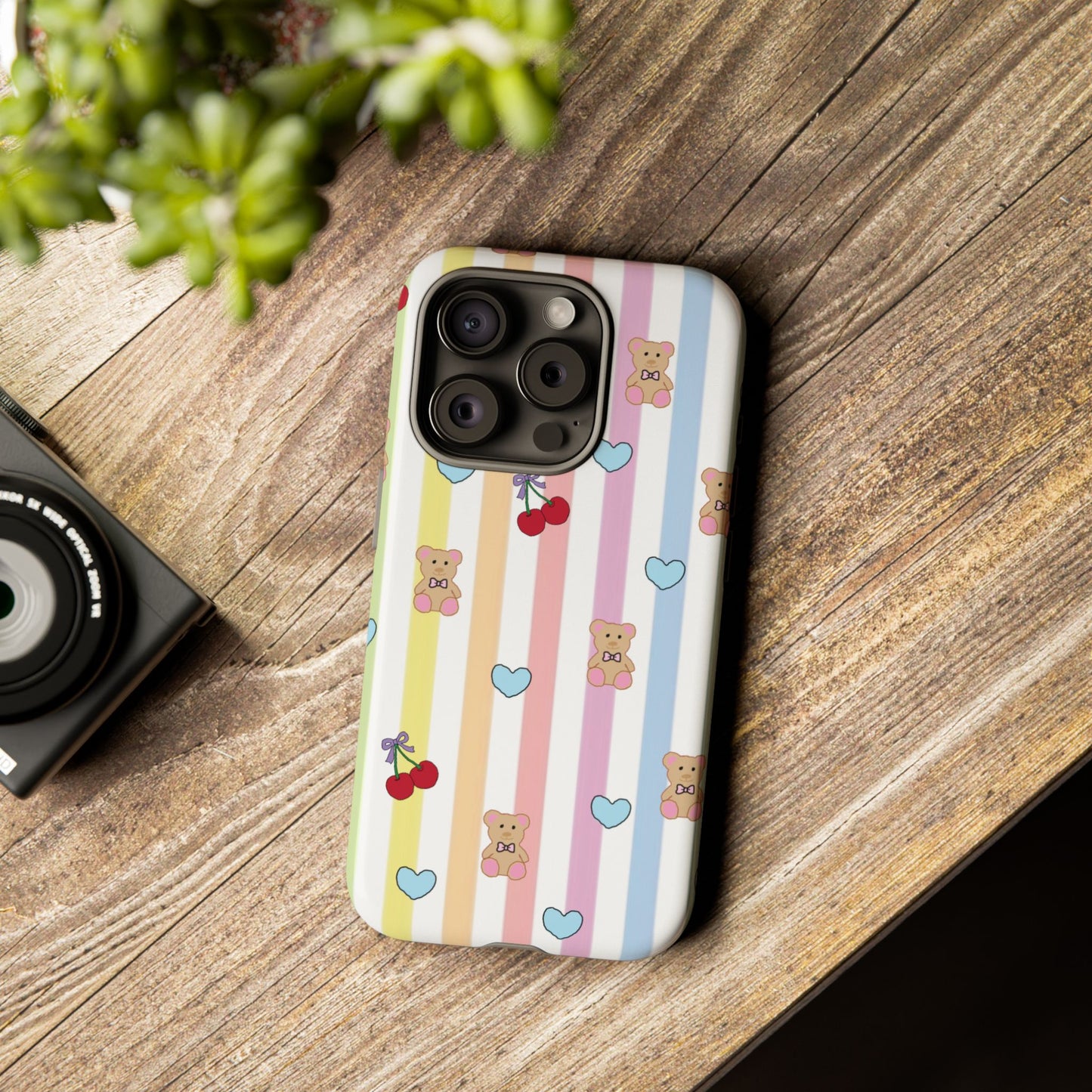 Teddy Bear and Cherry Bow iPhone Case | Pastel Stripes, Blue Hearts, Glossy Tough Protective Cover for iPhone 14 through iPhone 17 Pro Max