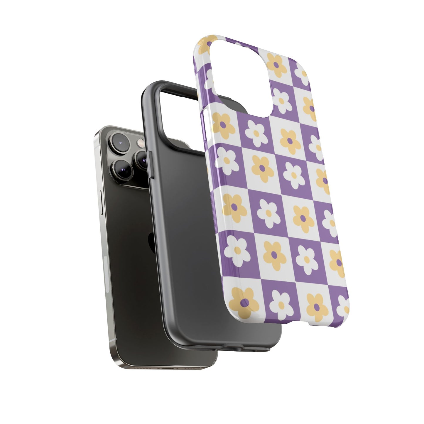 Gold and White Flower or Purple and White Checker iPhone Case | Trendy Aesthetic Floral & Retro Phone Cover