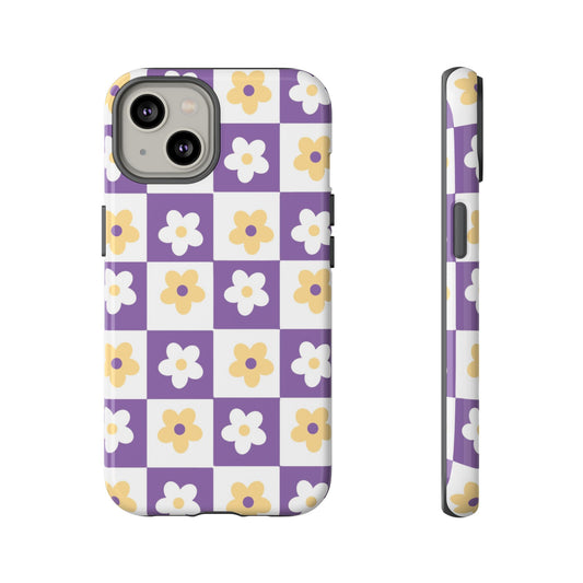 Gold and White Flower or Purple and White Checker iPhone Case | Trendy Aesthetic Floral & Retro Phone Cover