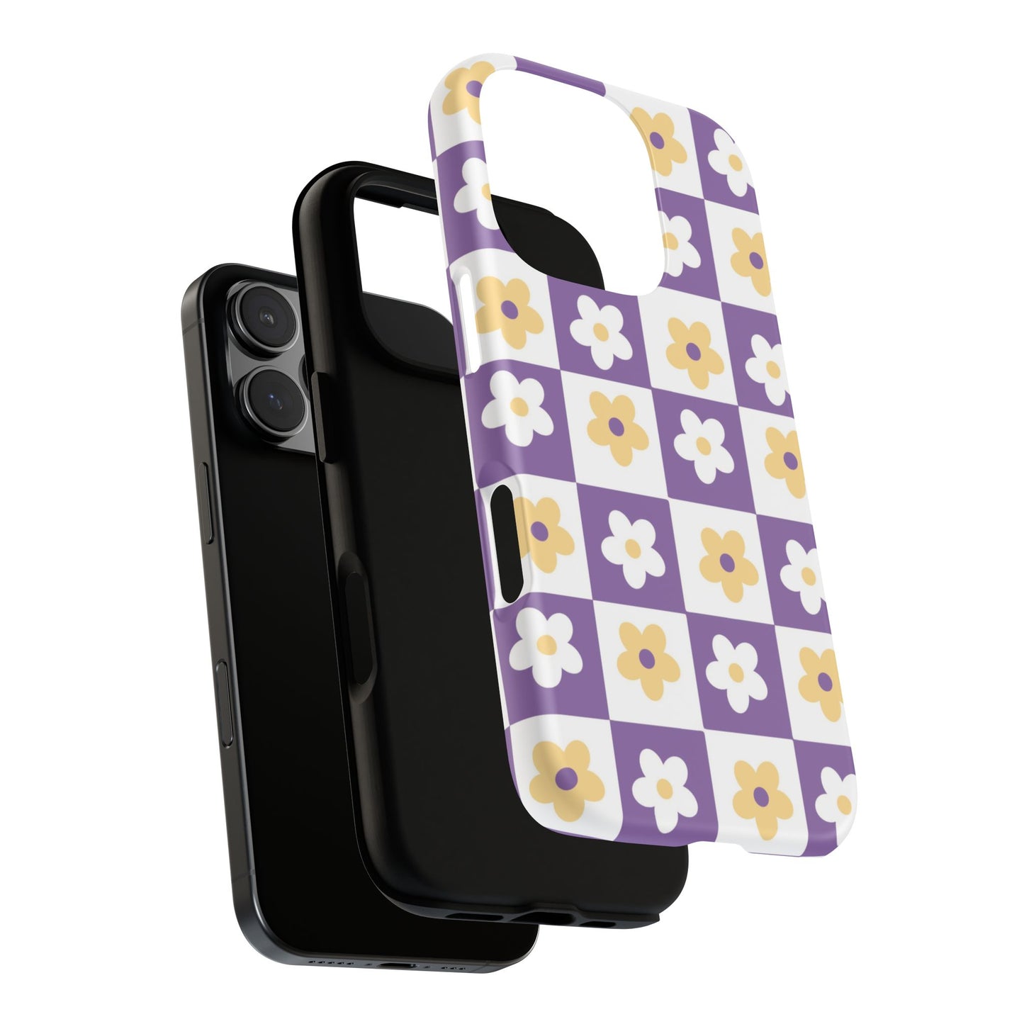 Gold and White Flower or Purple and White Checker iPhone Case | Trendy Aesthetic Floral & Retro Phone Cover