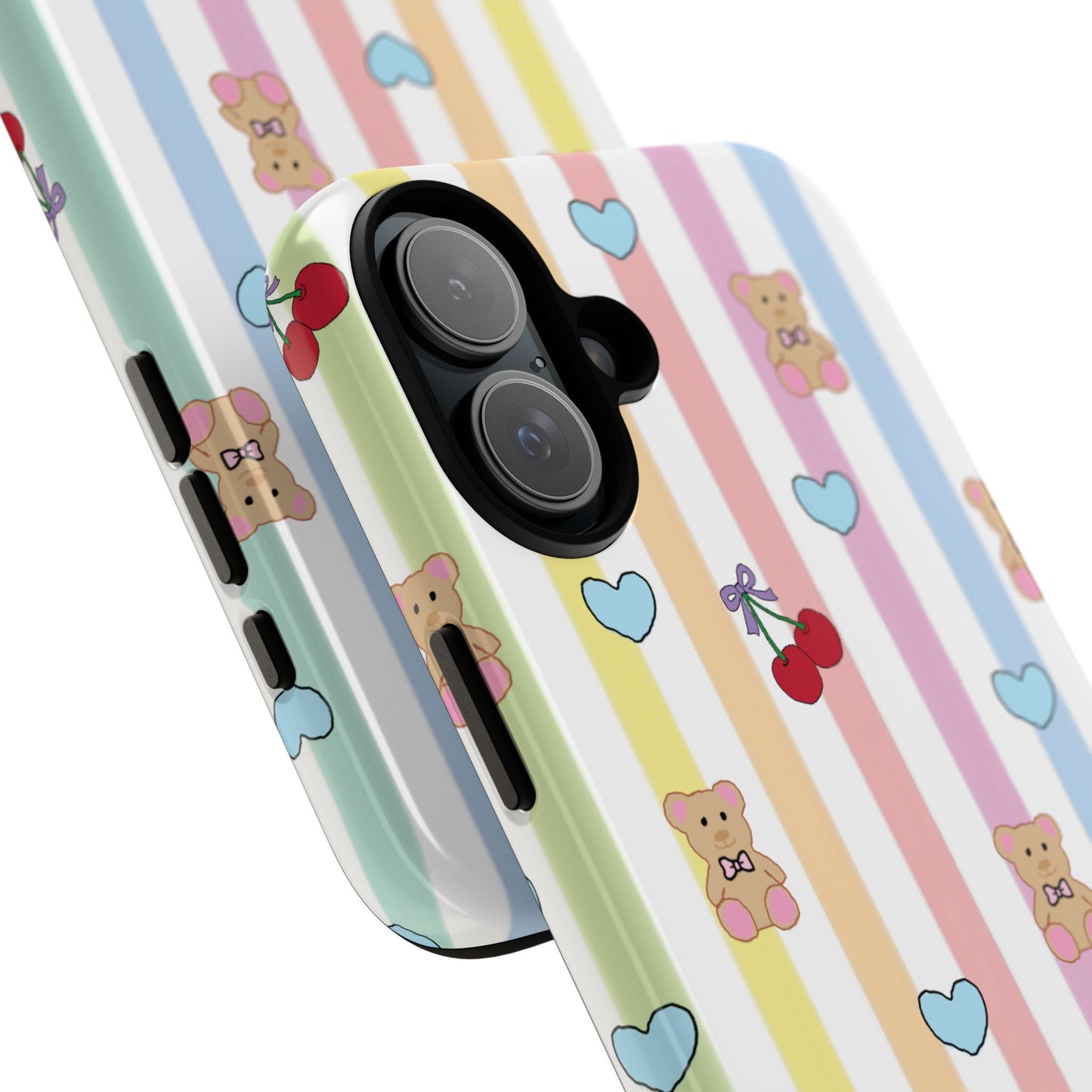Teddy Bear and Cherry Bow iPhone Case | Pastel Stripes, Blue Hearts, Glossy Tough Protective Cover for iPhone 14 through iPhone 17 Pro Max