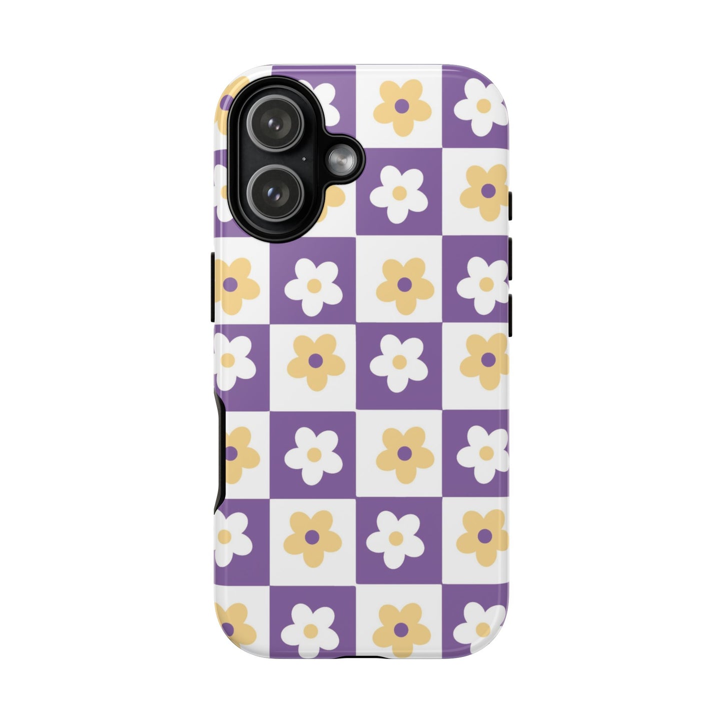 Gold and White Flower or Purple and White Checker iPhone Case | Trendy Aesthetic Floral & Retro Phone Cover