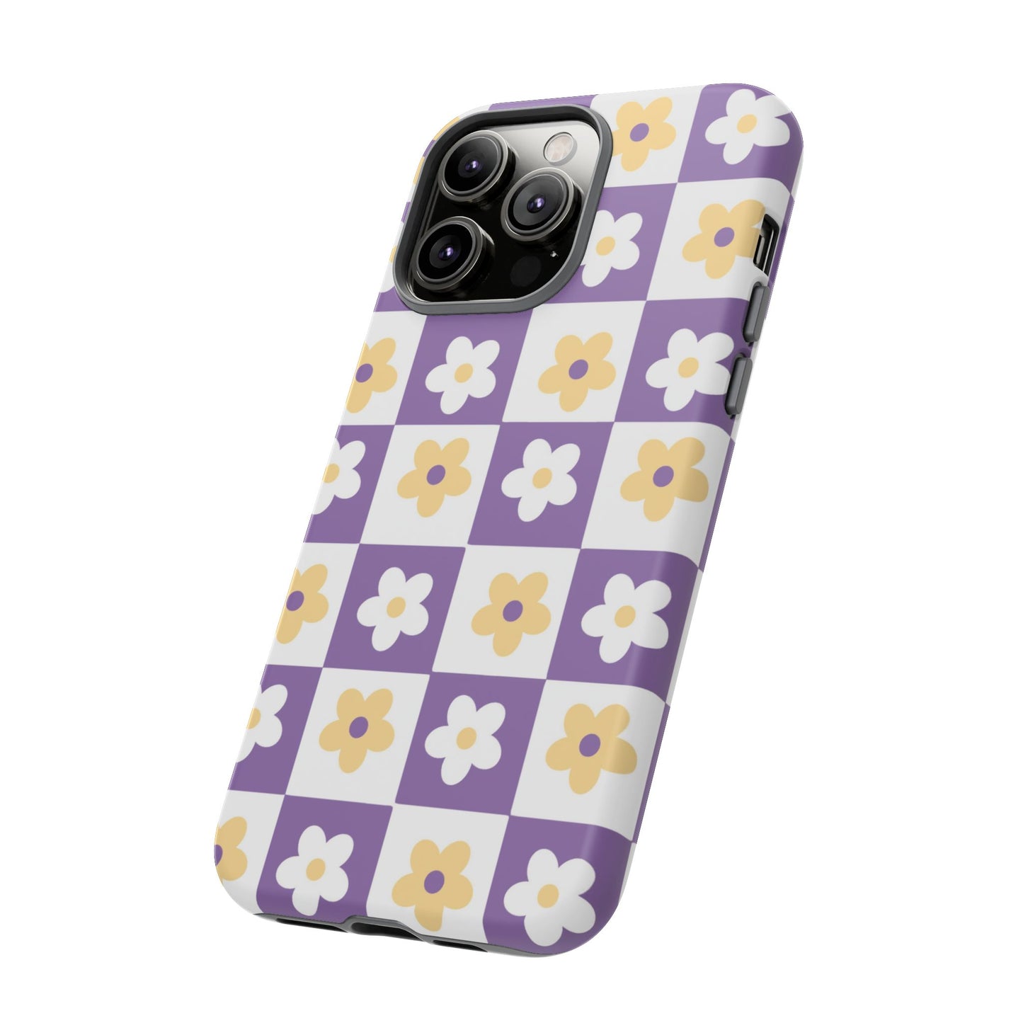 Gold and White Flower or Purple and White Checker iPhone Case | Trendy Aesthetic Floral & Retro Phone Cover