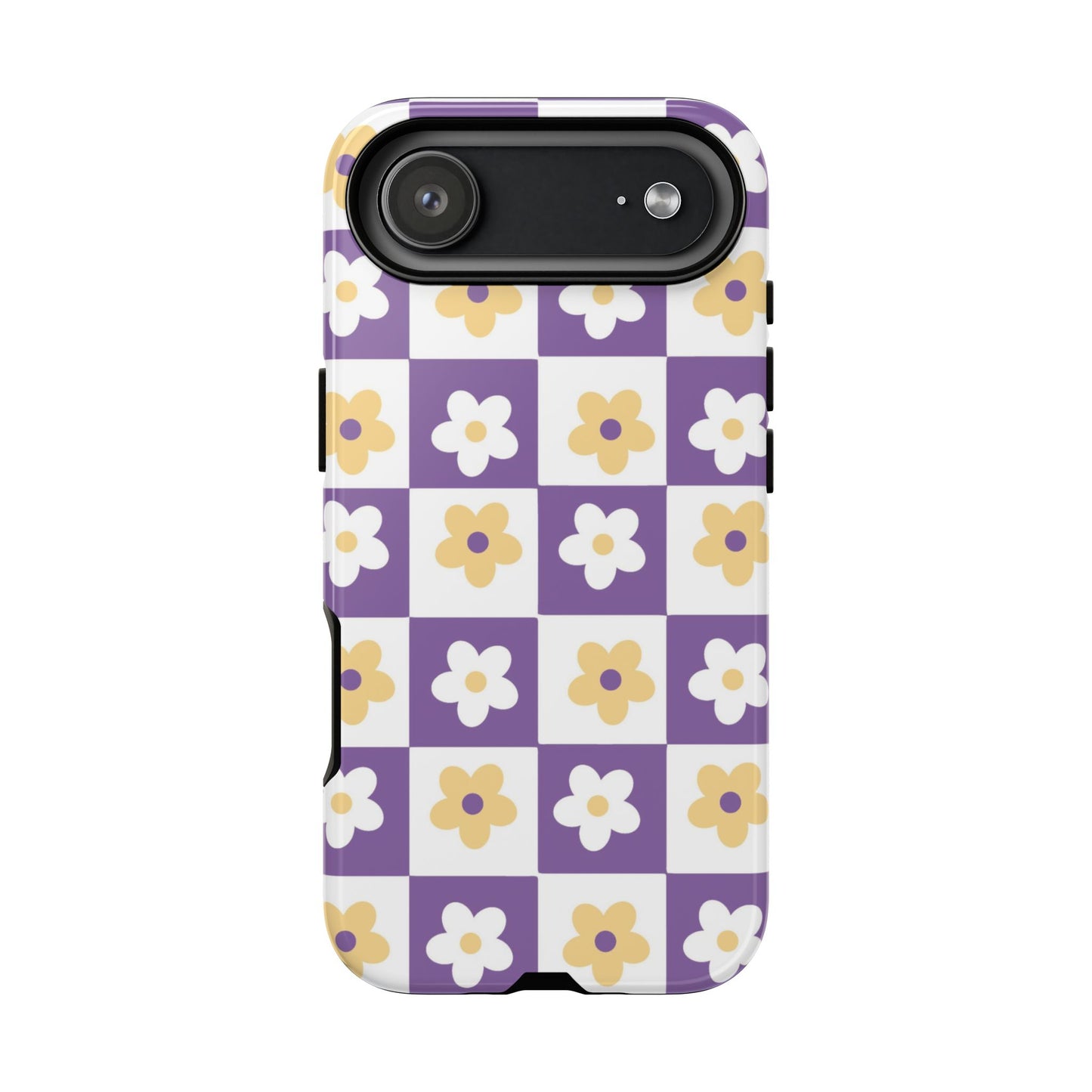 Gold and White Flower or Purple and White Checker iPhone Case | Trendy Aesthetic Floral & Retro Phone Cover