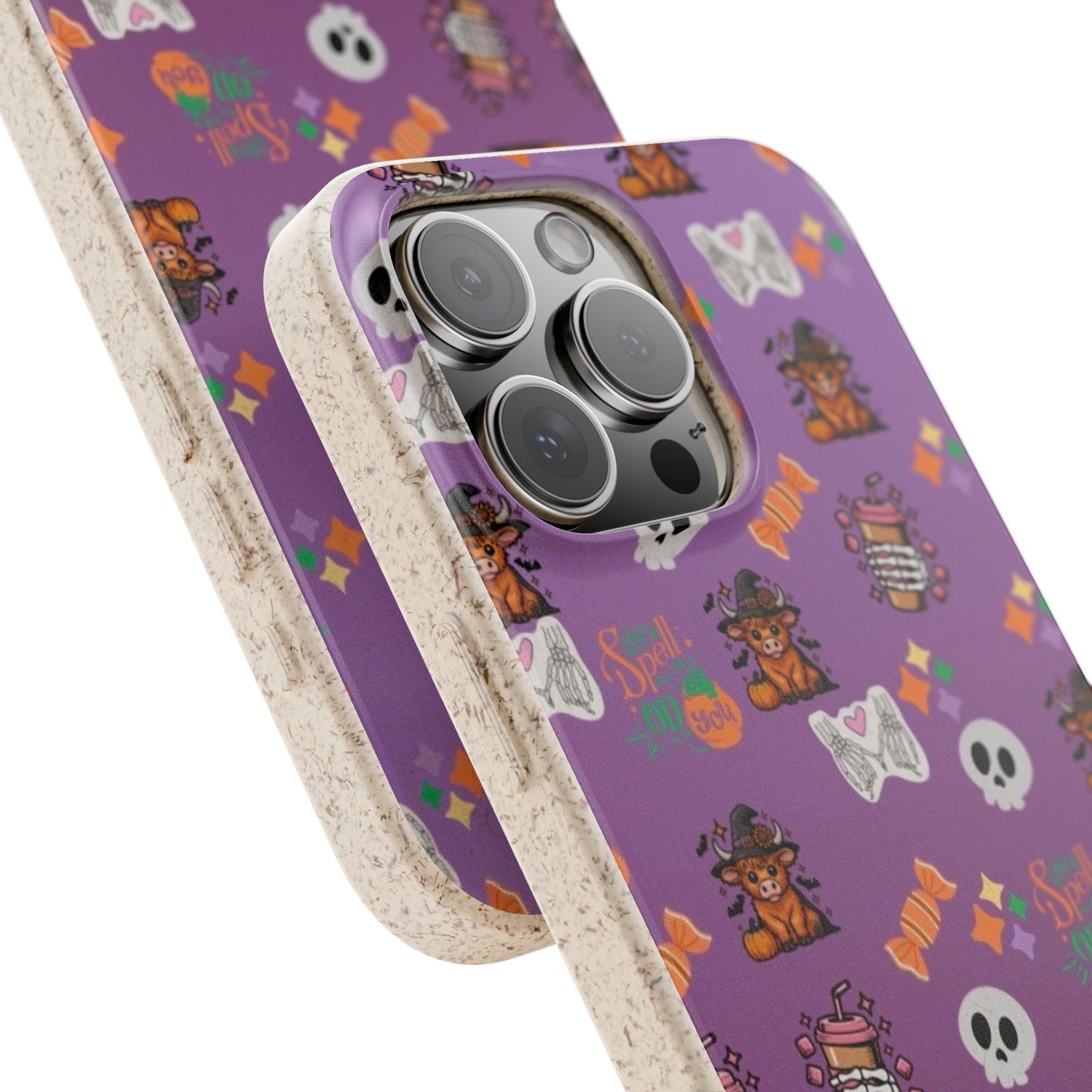 Spell On You Halloween Teddy Bear iPhone Case | Cute Witch Bear, Candy and Skull Pattern | Purple Aesthetic Protective Phone Cover