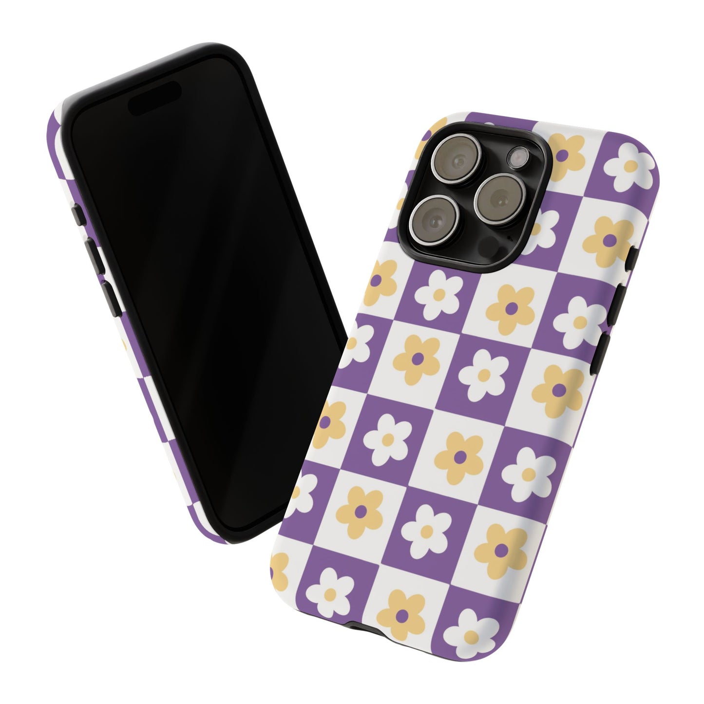 Gold and White Flower or Purple and White Checker iPhone Case | Trendy Aesthetic Floral & Retro Phone Cover
