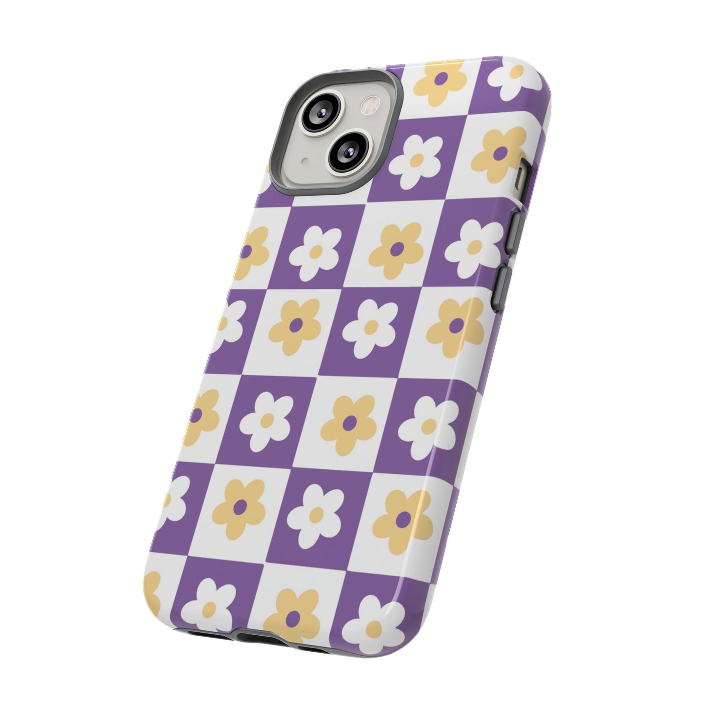Gold and White Flower or Purple and White Checker iPhone Case | Trendy Aesthetic Floral & Retro Phone Cover
