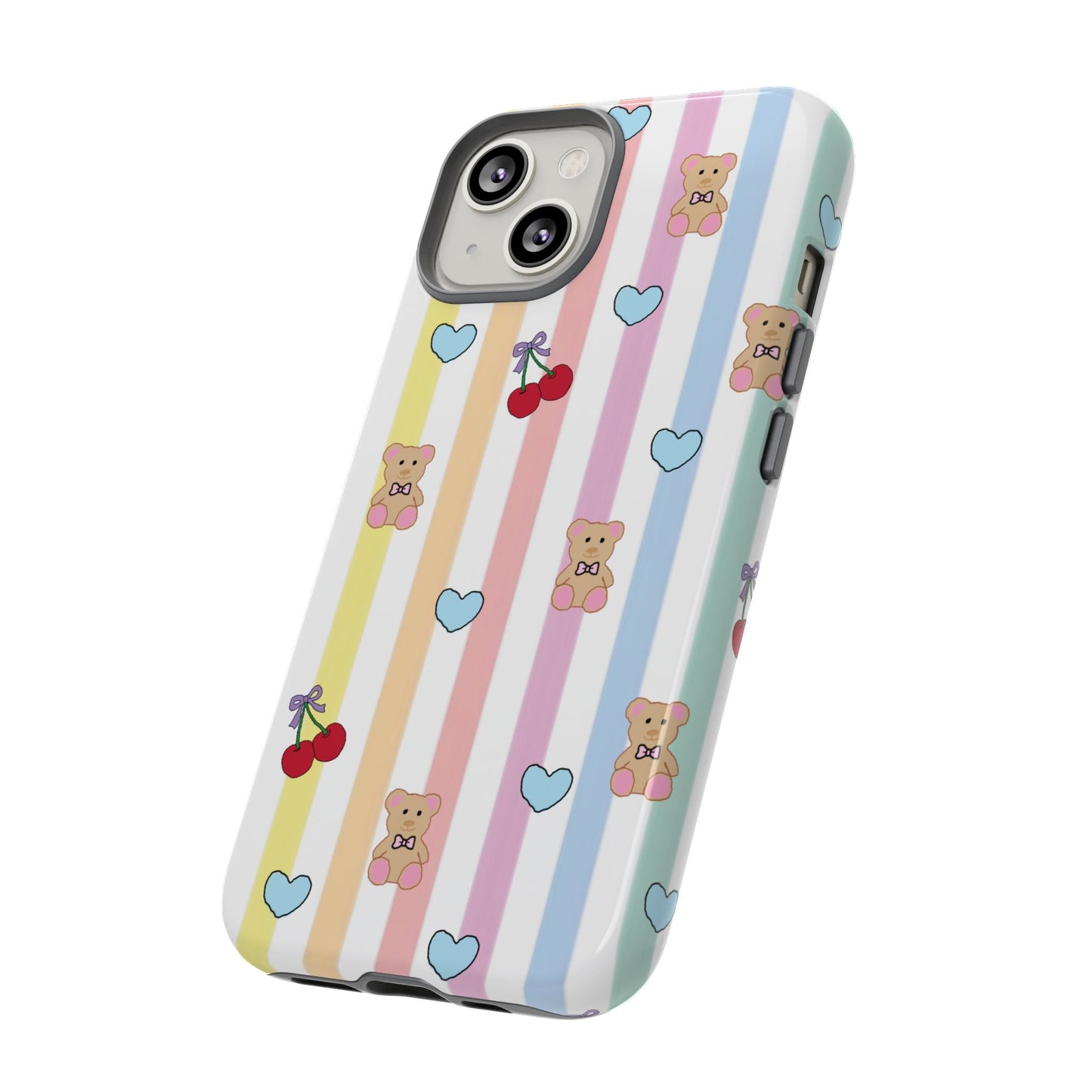 Teddy Bear and Cherry Bow iPhone Case | Pastel Stripes, Blue Hearts, Glossy Tough Protective Cover for iPhone 14 through iPhone 17 Pro Max
