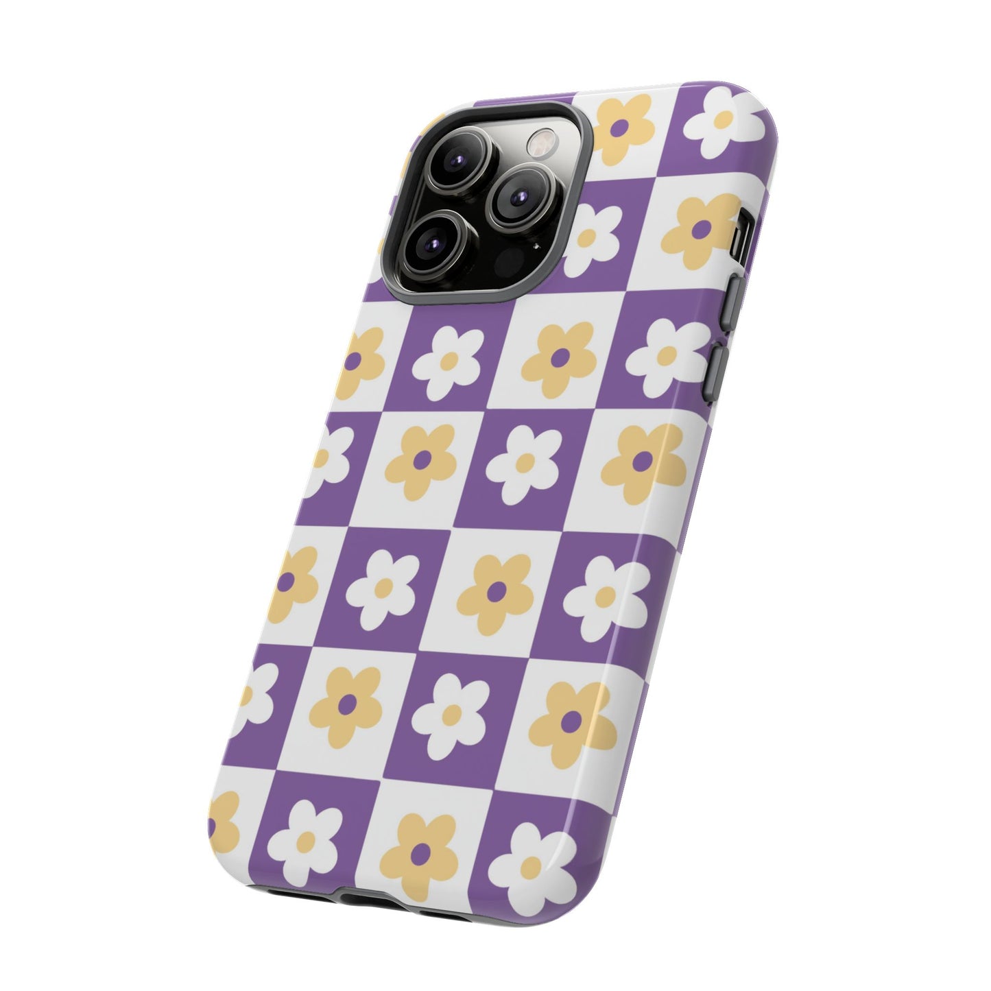 Gold and White Flower or Purple and White Checker iPhone Case | Trendy Aesthetic Floral & Retro Phone Cover