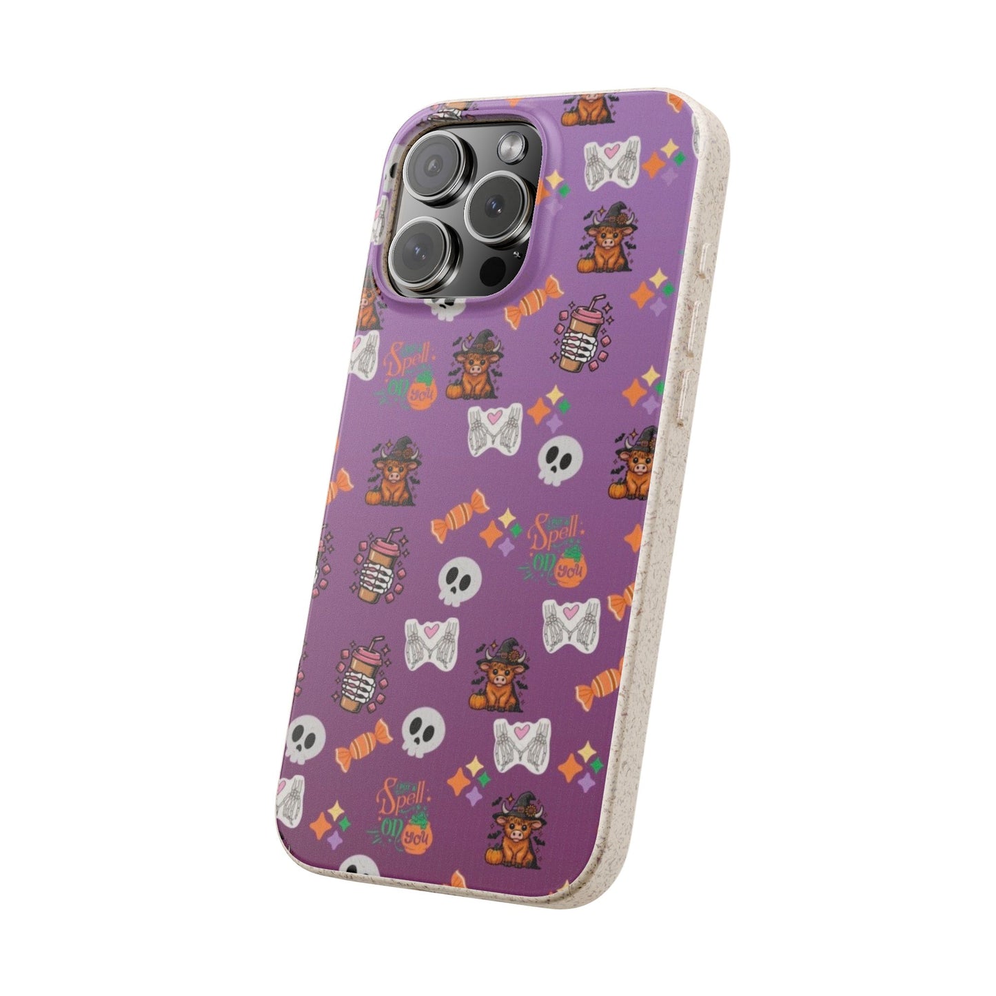 Spell On You Halloween Teddy Bear iPhone Case | Cute Witch Bear, Candy and Skull Pattern | Purple Aesthetic Protective Phone Cover