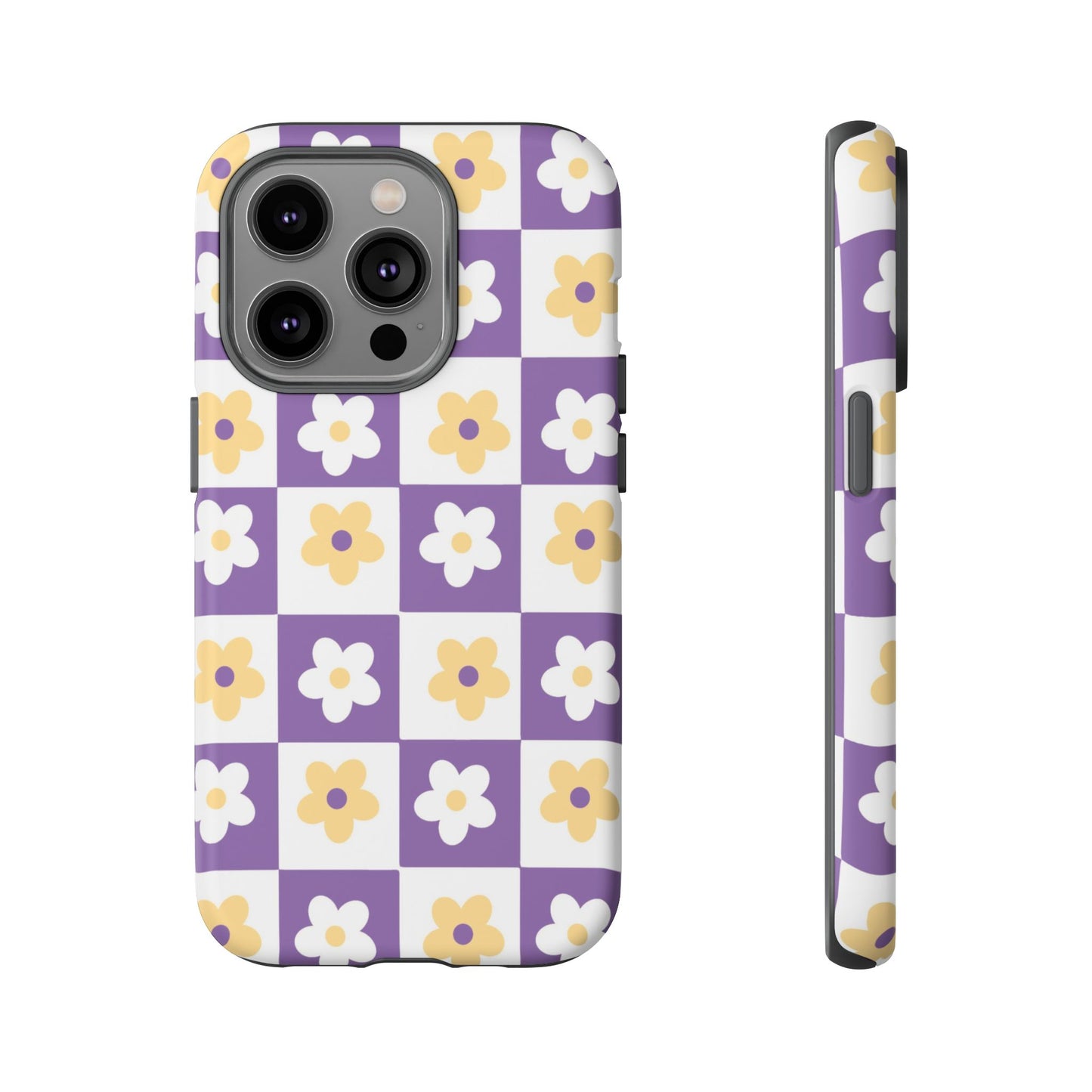Gold and White Flower or Purple and White Checker iPhone Case | Trendy Aesthetic Floral & Retro Phone Cover