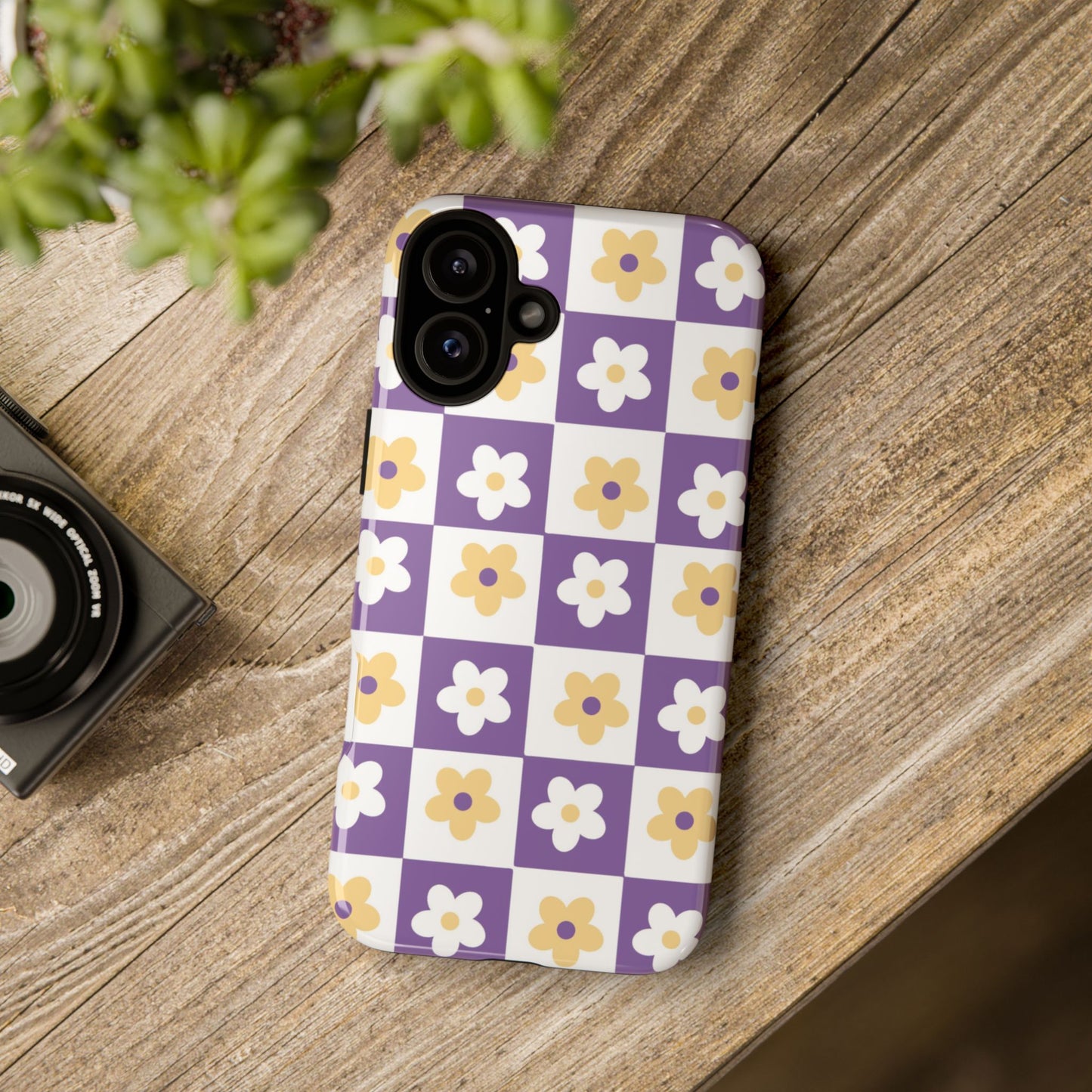 Gold and White Flower or Purple and White Checker iPhone Case | Trendy Aesthetic Floral & Retro Phone Cover