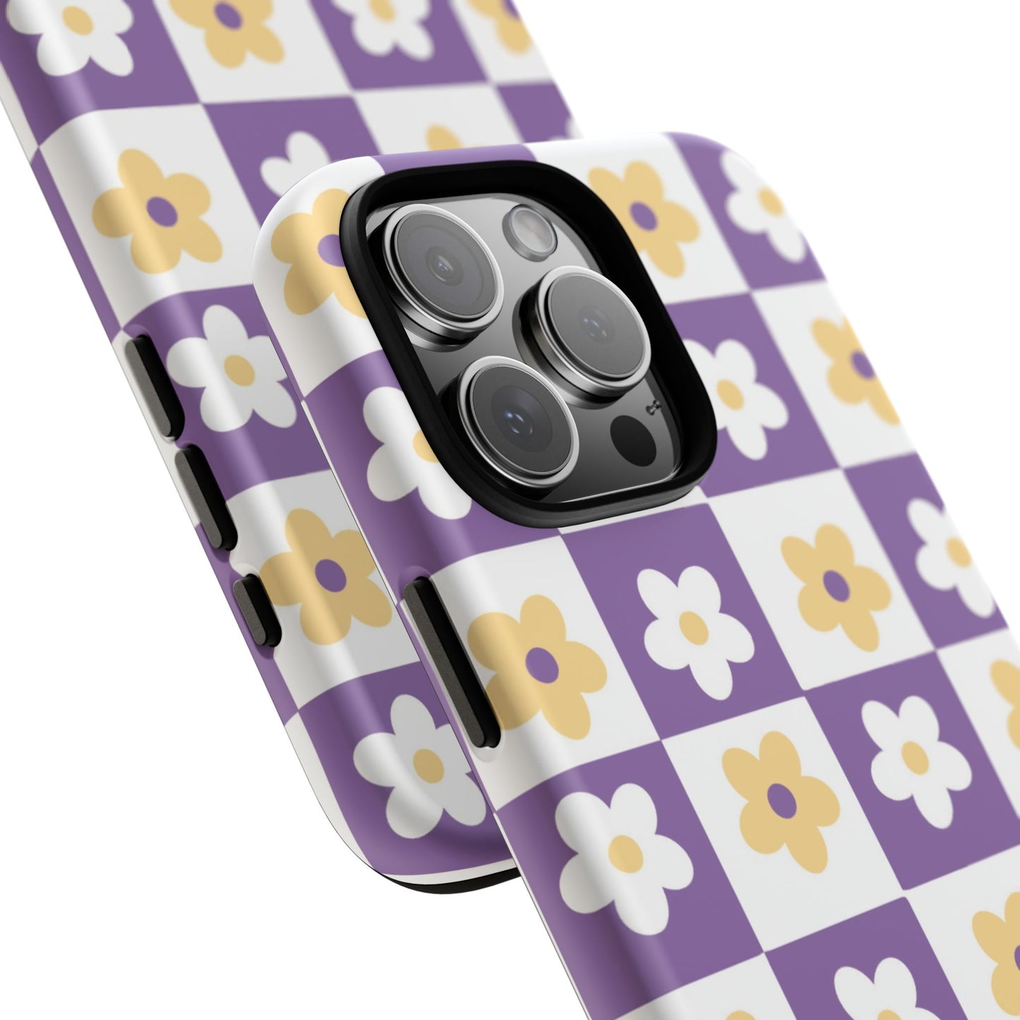 Gold and White Flower or Purple and White Checker iPhone Case | Trendy Aesthetic Floral & Retro Phone Cover