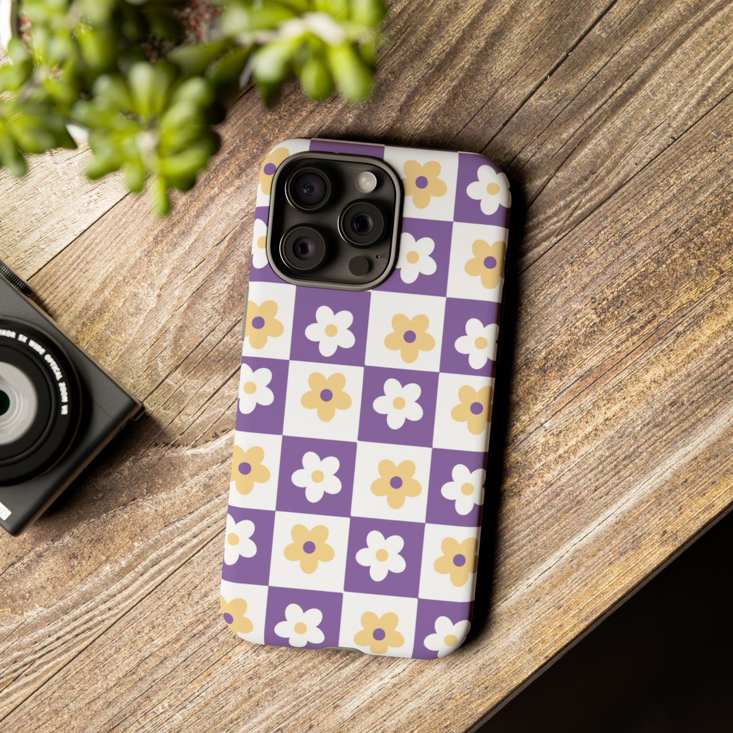 Gold and White Flower or Purple and White Checker iPhone Case | Trendy Aesthetic Floral & Retro Phone Cover