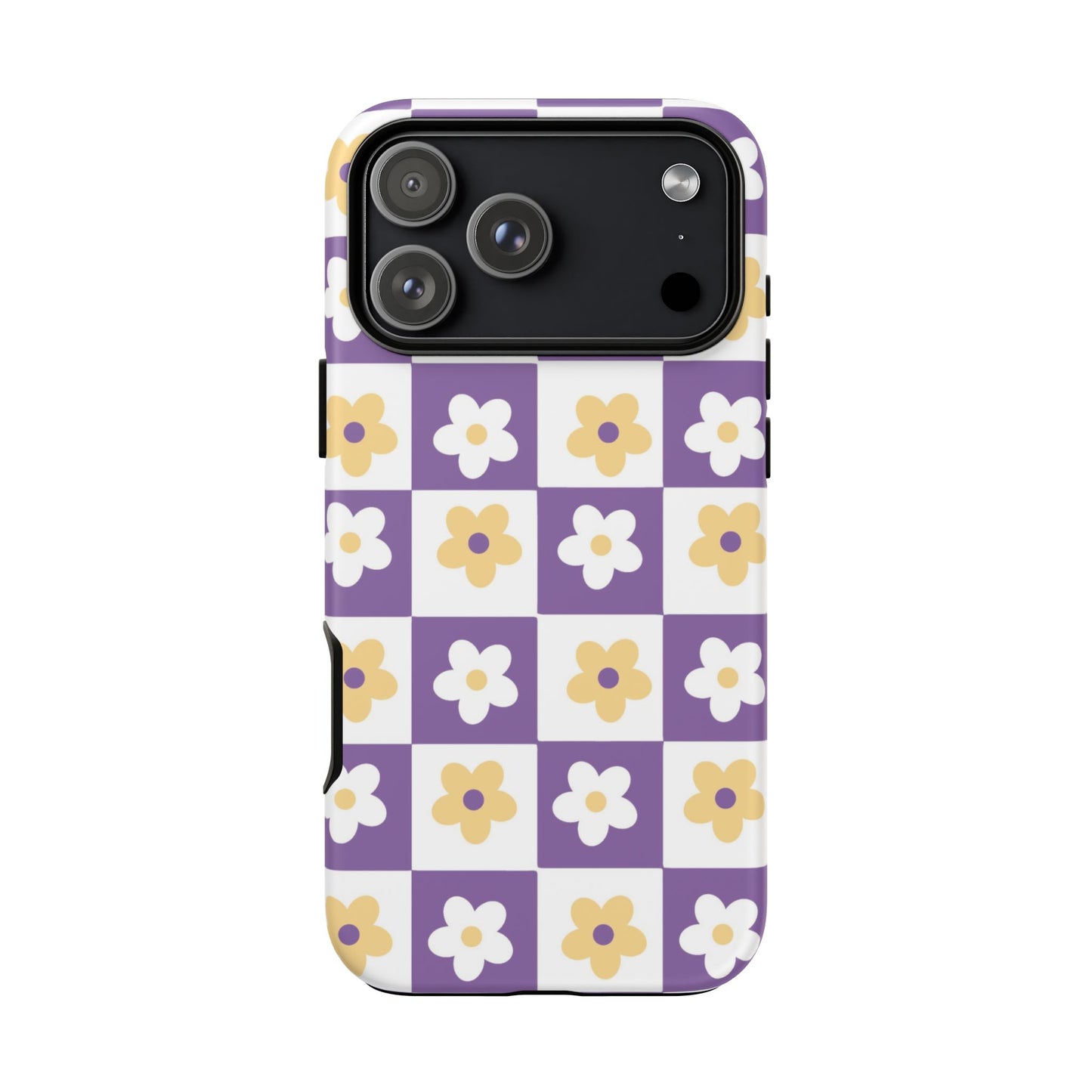 Gold and White Flower or Purple and White Checker iPhone Case | Trendy Aesthetic Floral & Retro Phone Cover