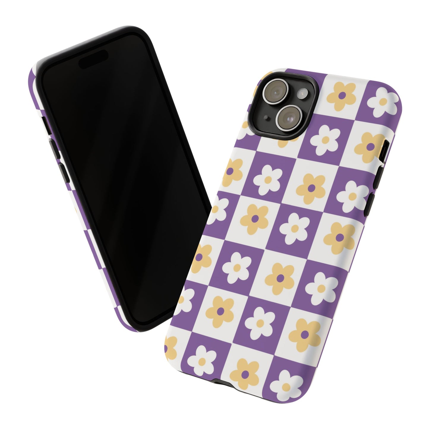 Gold and White Flower or Purple and White Checker iPhone Case | Trendy Aesthetic Floral & Retro Phone Cover