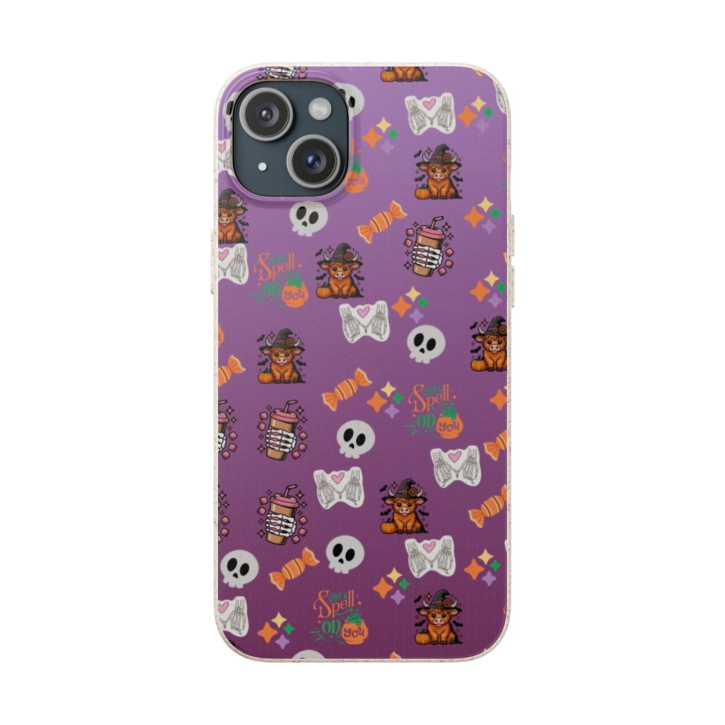 Spell On You Halloween Teddy Bear iPhone Case | Cute Witch Bear, Candy and Skull Pattern | Purple Aesthetic Protective Phone Cover