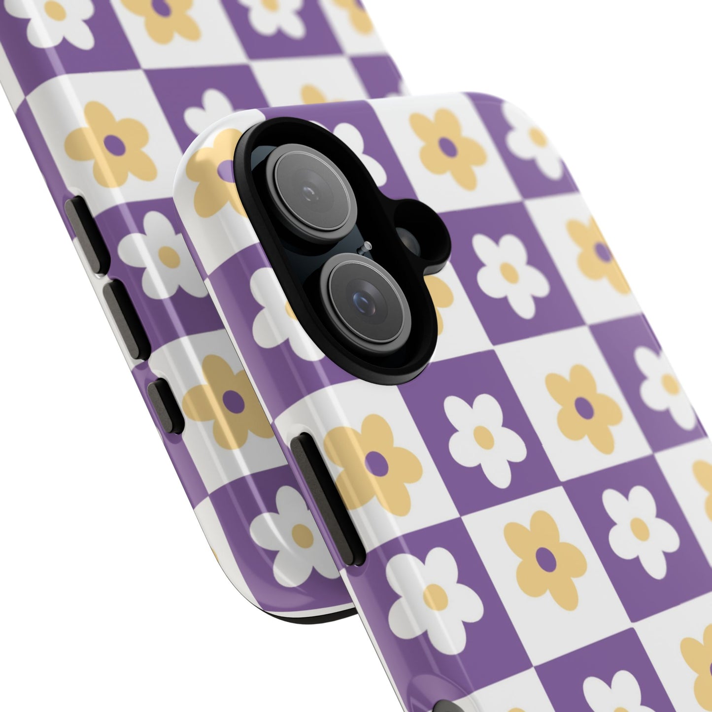 Gold and White Flower or Purple and White Checker iPhone Case | Trendy Aesthetic Floral & Retro Phone Cover