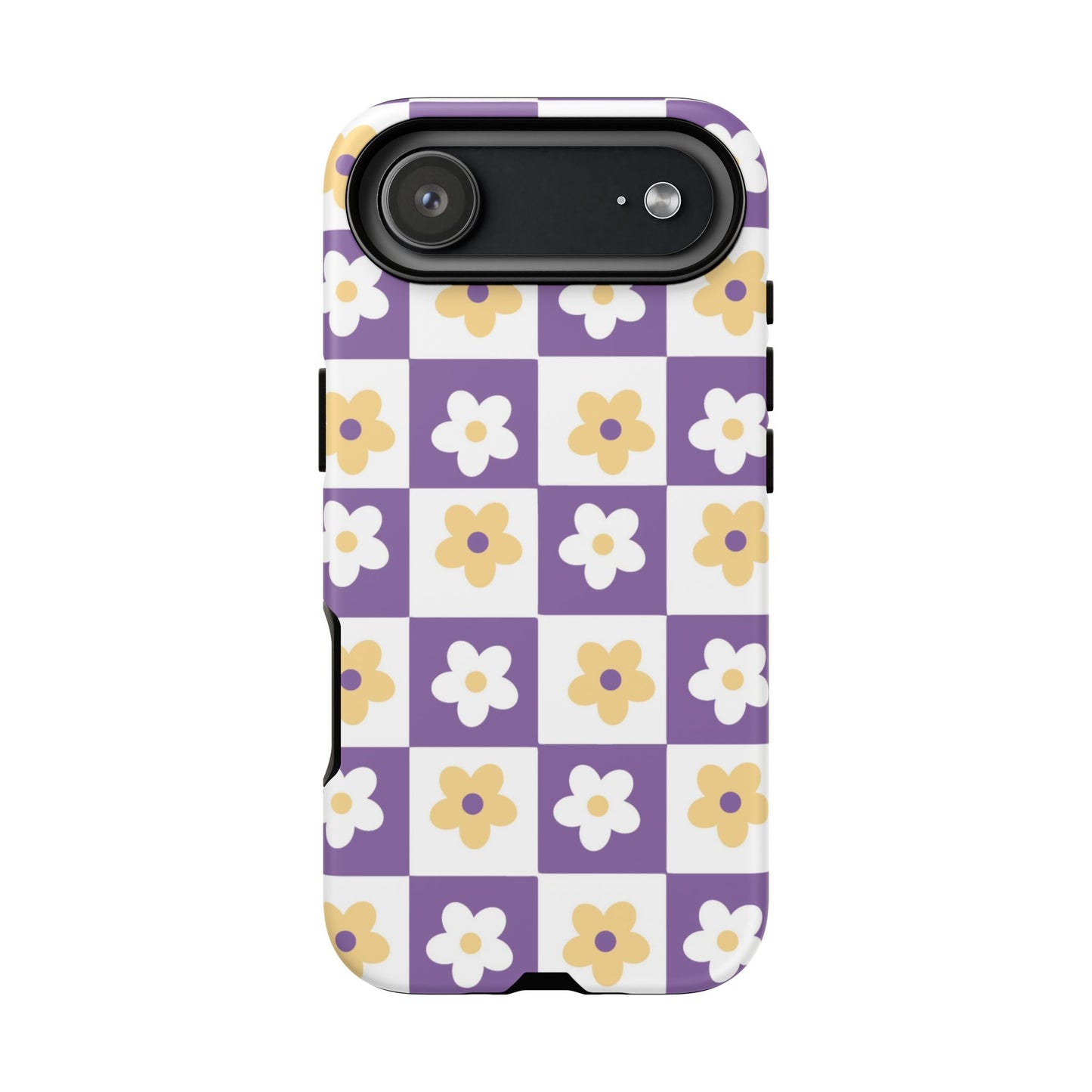 Gold and White Flower or Purple and White Checker iPhone Case | Trendy Aesthetic Floral & Retro Phone Cover