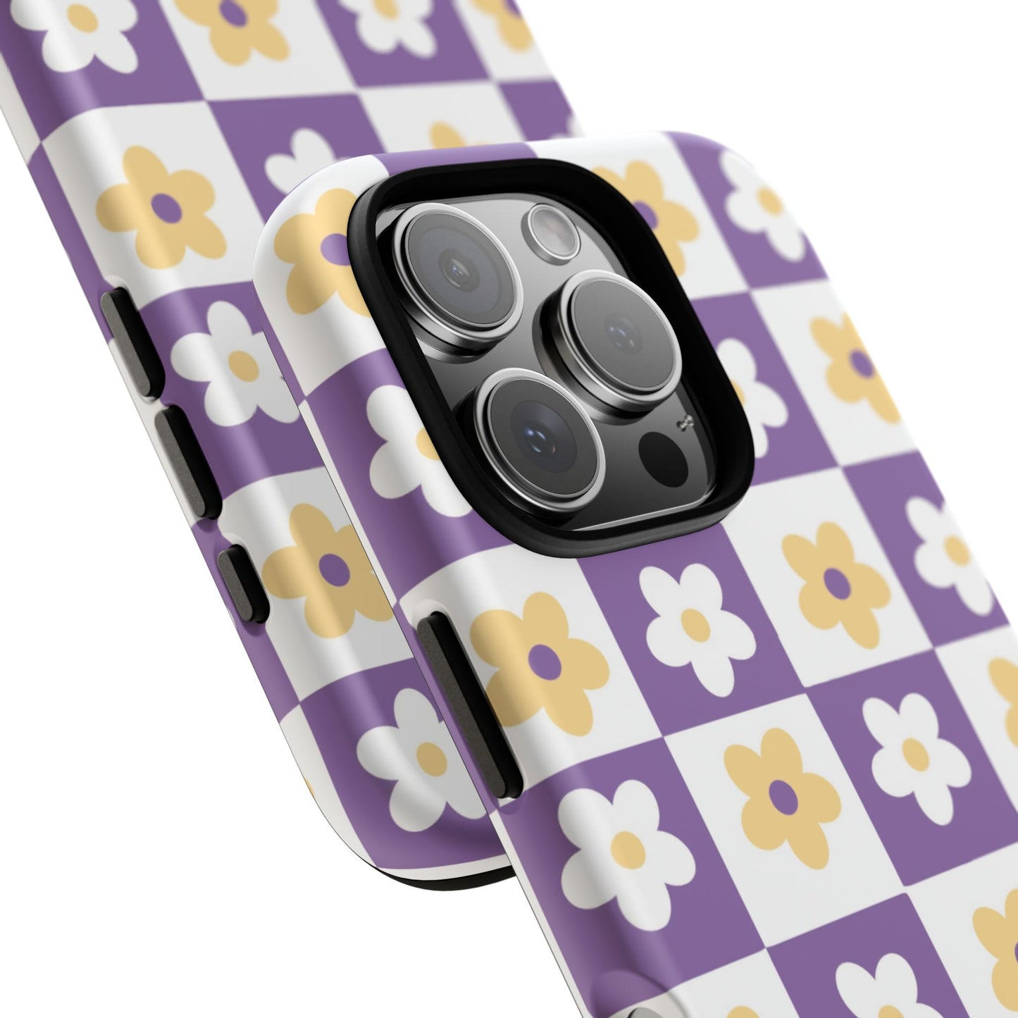 Gold and White Flower or Purple and White Checker iPhone Case | Trendy Aesthetic Floral & Retro Phone Cover